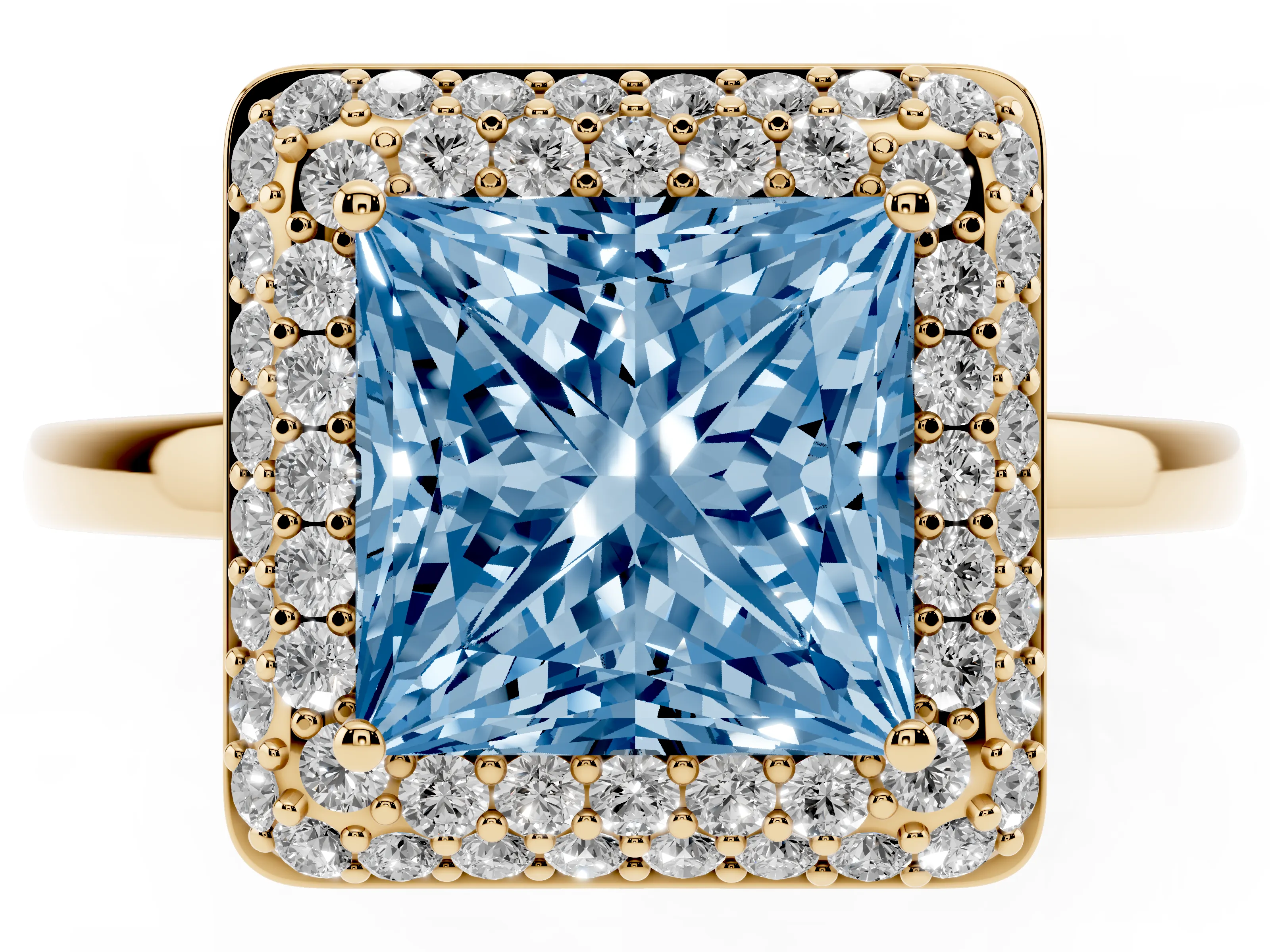Fancy Blue Princess Cut Diamond Halo Engagement Ring Set in Yellow gold with Solitaire Band and Prong Setting