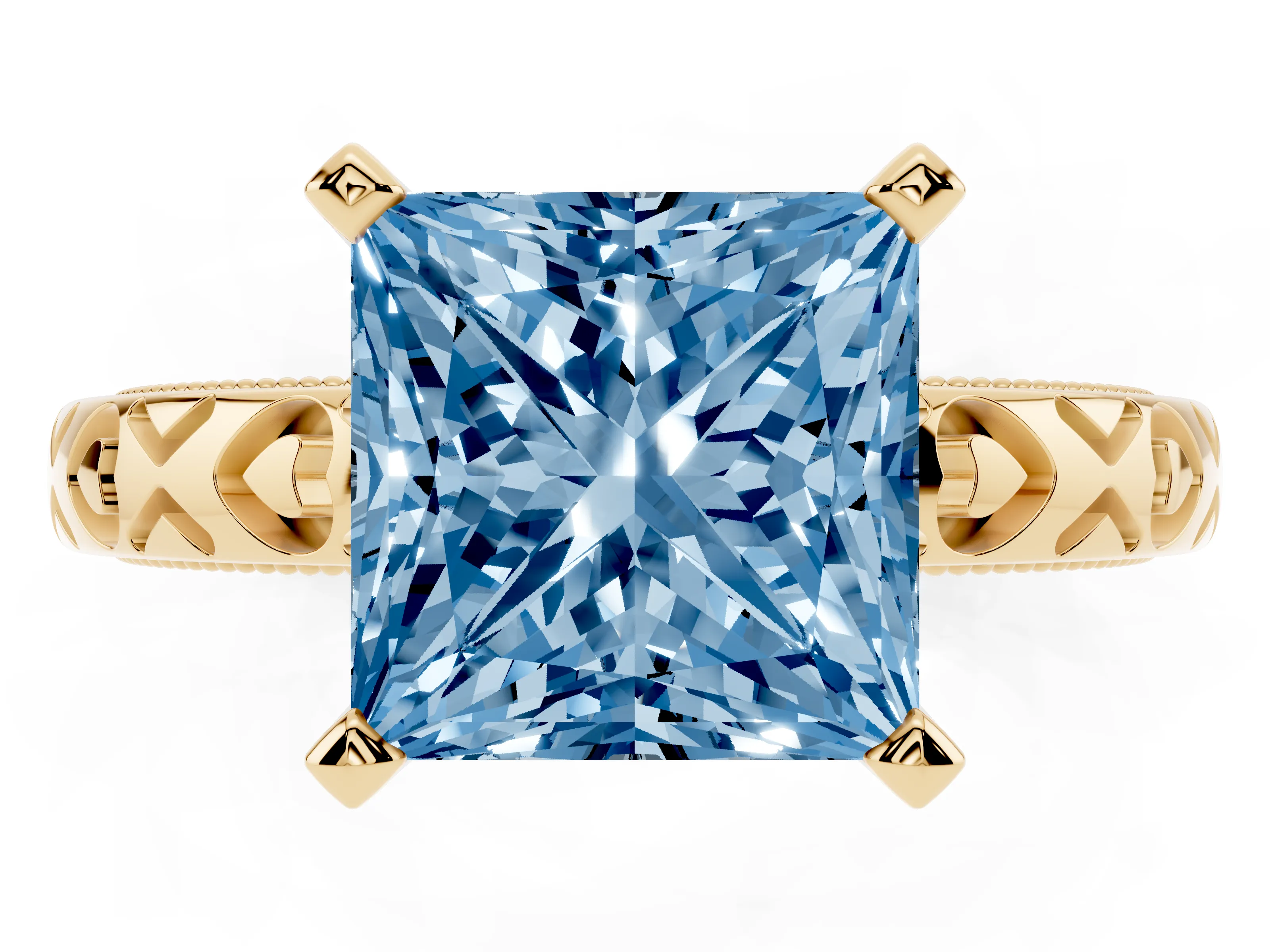 Fancy Blue Princess Cut Diamond Solitaire Engagement Ring Set in Yellow gold with XO Engraved Band and Prong Setting