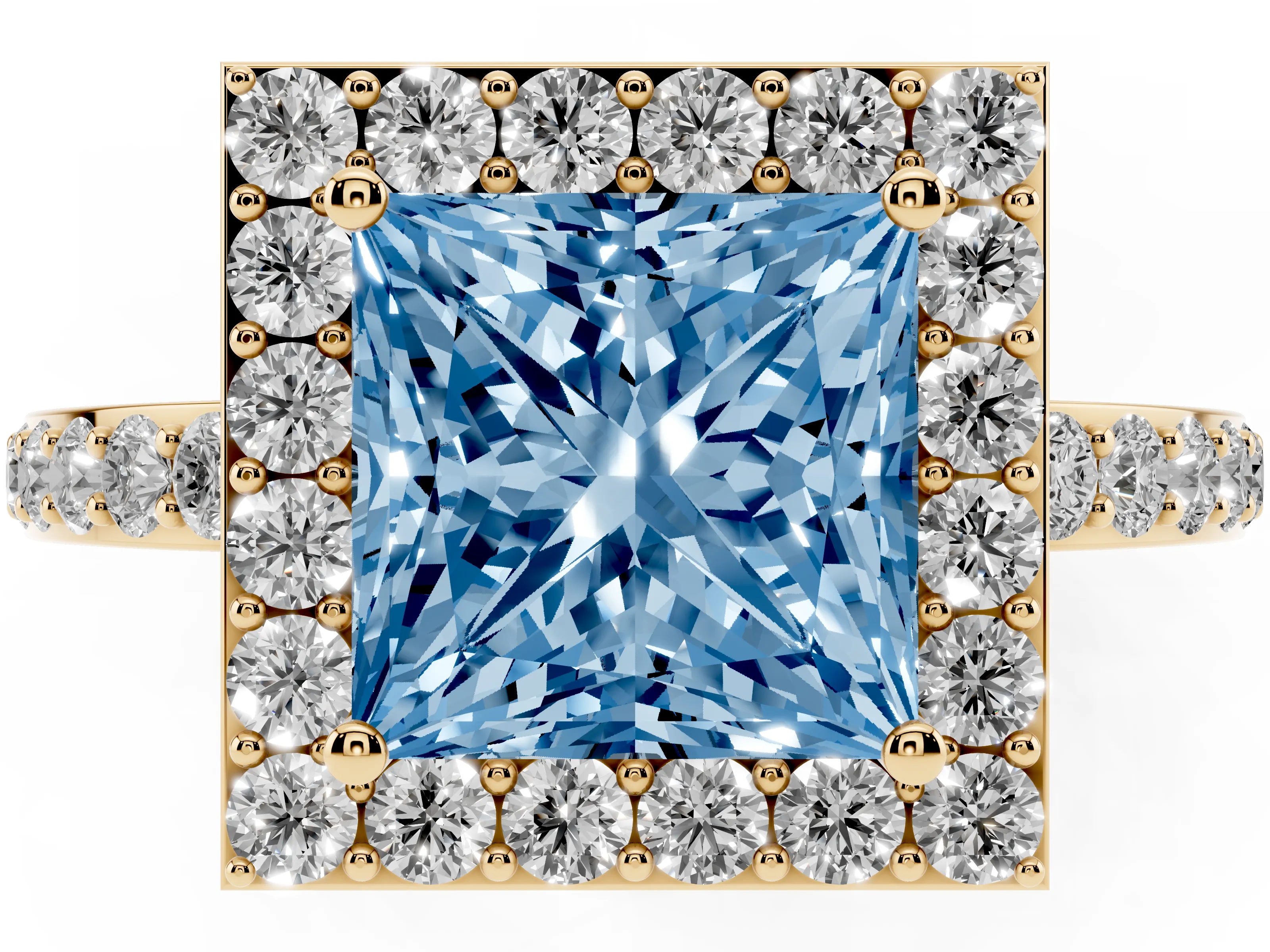Fancy Blue Princess Cut Diamond Halo Ring Set in Yellow gold with Pavé-Setting Band and Open Prong Center
