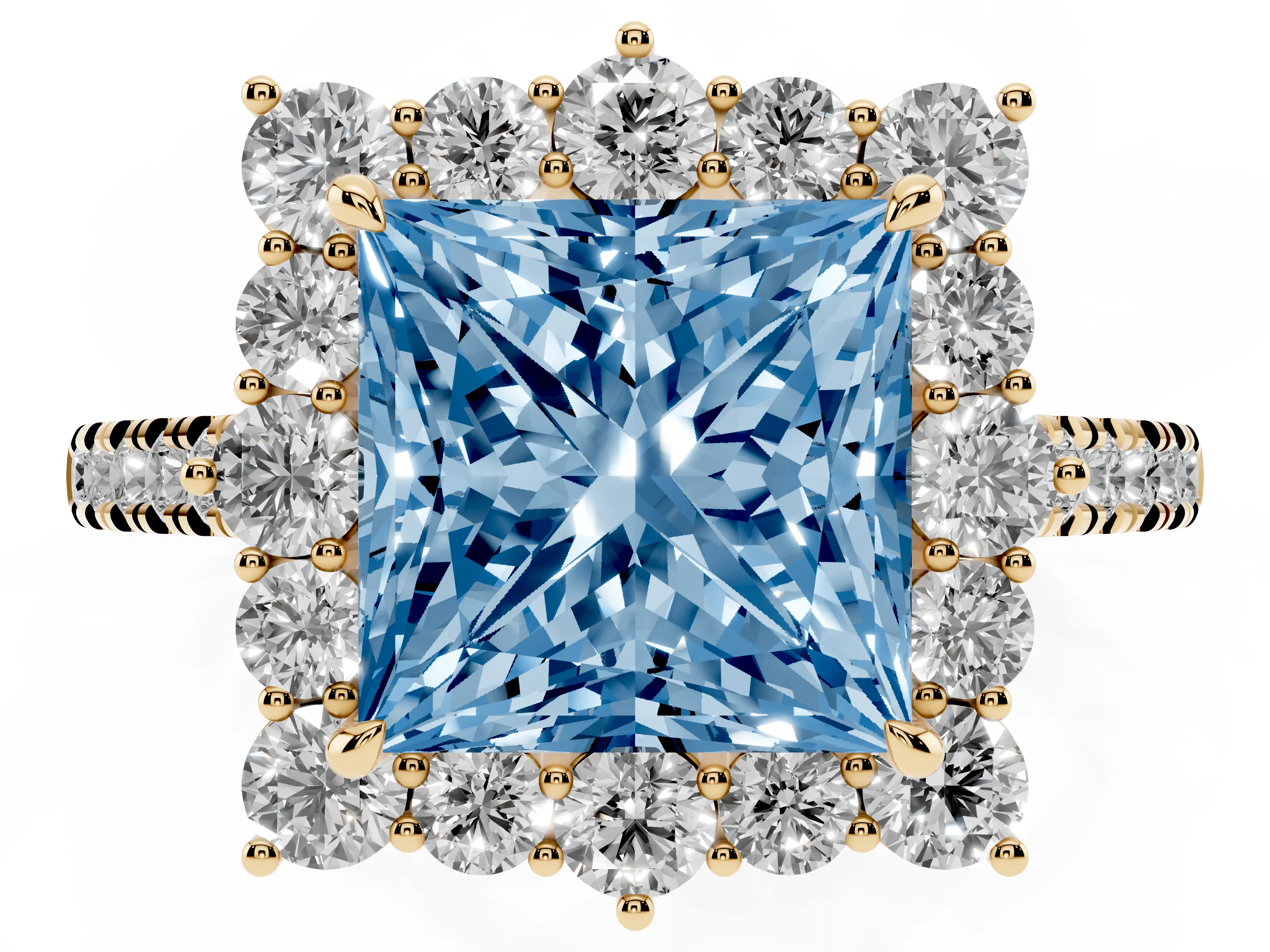 Fancy Blue Princess Cut Diamond Halo Ring Set in Yellow gold with Pavé Band and Prong Setting