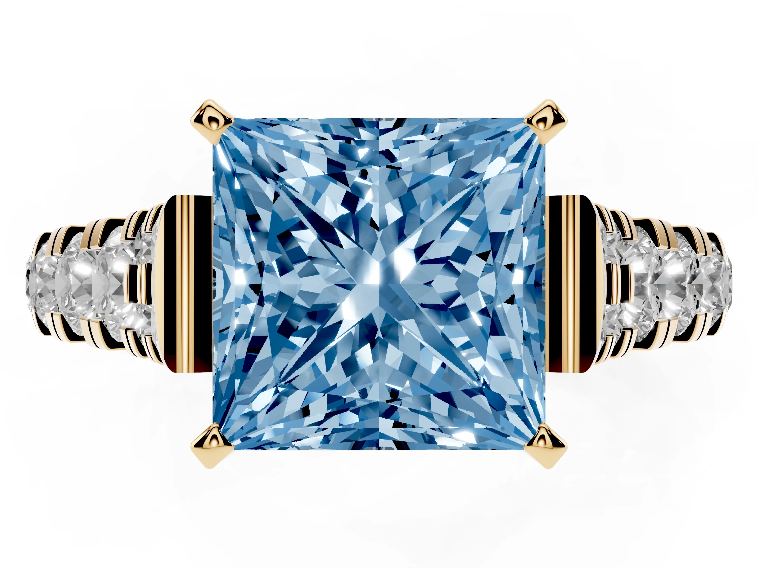 Fancy Blue Princess Cut Diamond Classic Solitaire Ring Set in Yellow gold with Pavé Band and Prong Setting