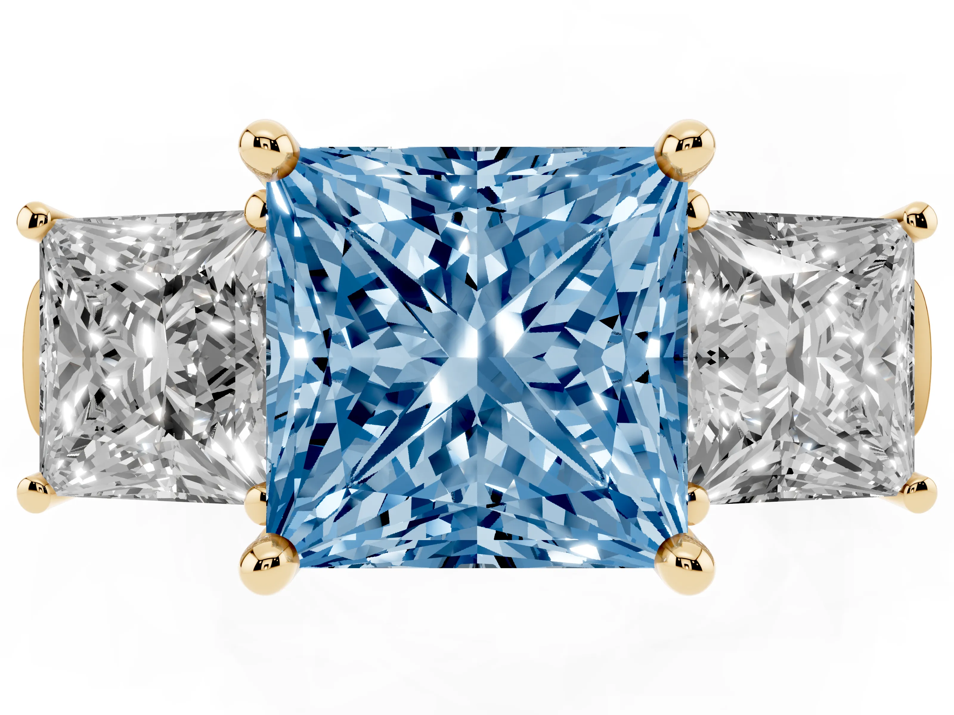 Fancy Blue Princess Cut Diamond Three-Stone Trellis Ring Set in Yellow gold with Comfort Fit Band