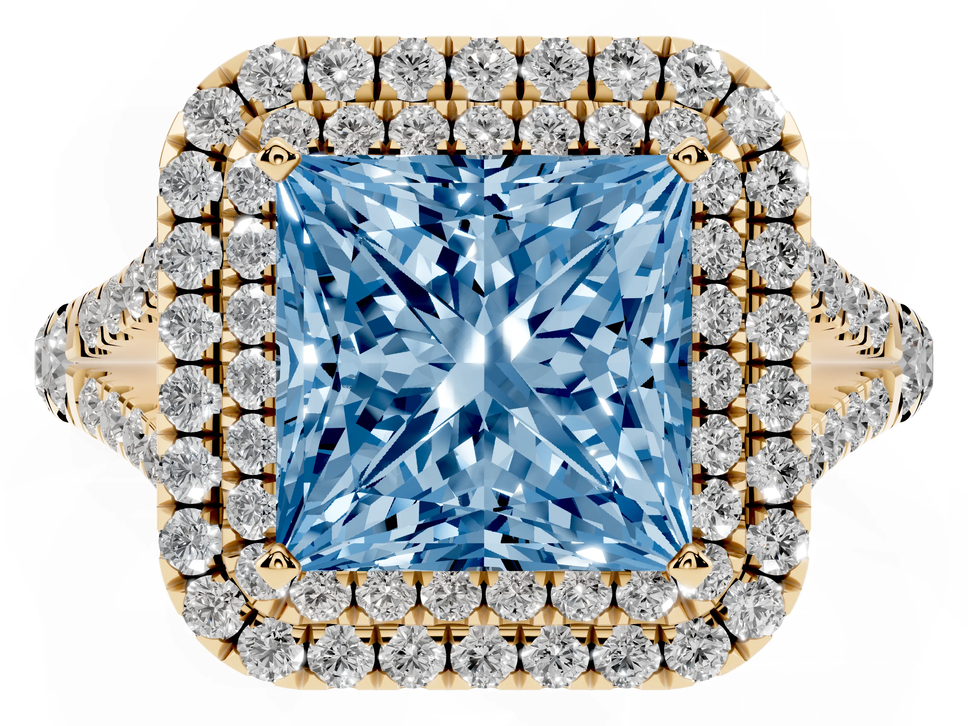 Fancy Blue Princess Cut Diamond Pavé Split Shank Double Halo Engagement Ring Set in Yellow gold