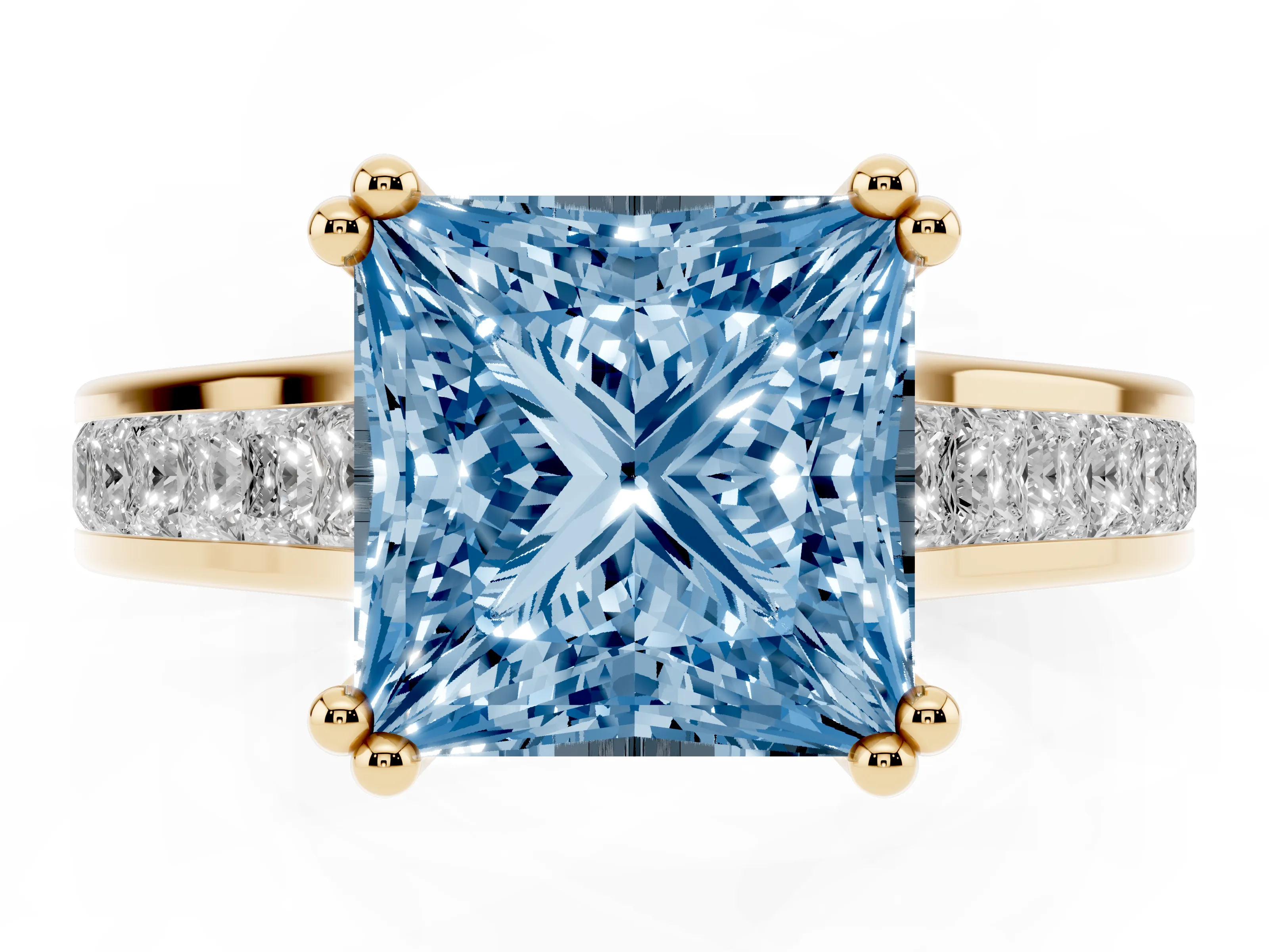 Fancy Blue Princess Cut Diamond Channel Set Solitaire Engagement Ring Set in Yellow gold with Prong Setting