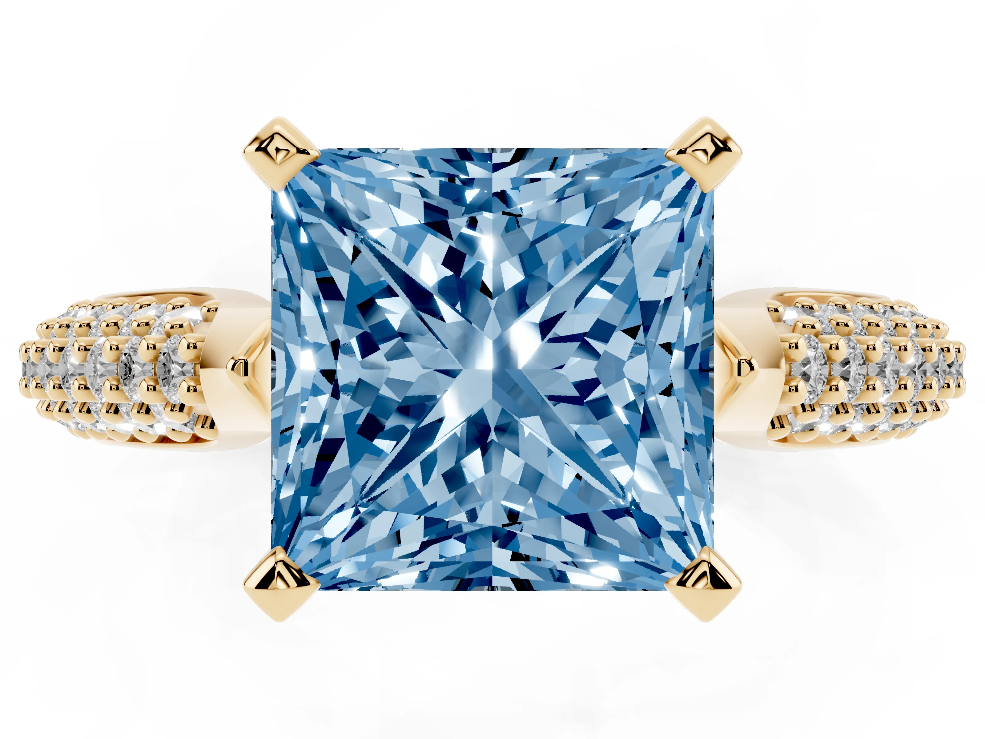 Fancy Blue Princess Cut Diamond Solitaire Engagement Ring Set in Yellow gold with Multi-Row Round Pavé Band and Prong Setting