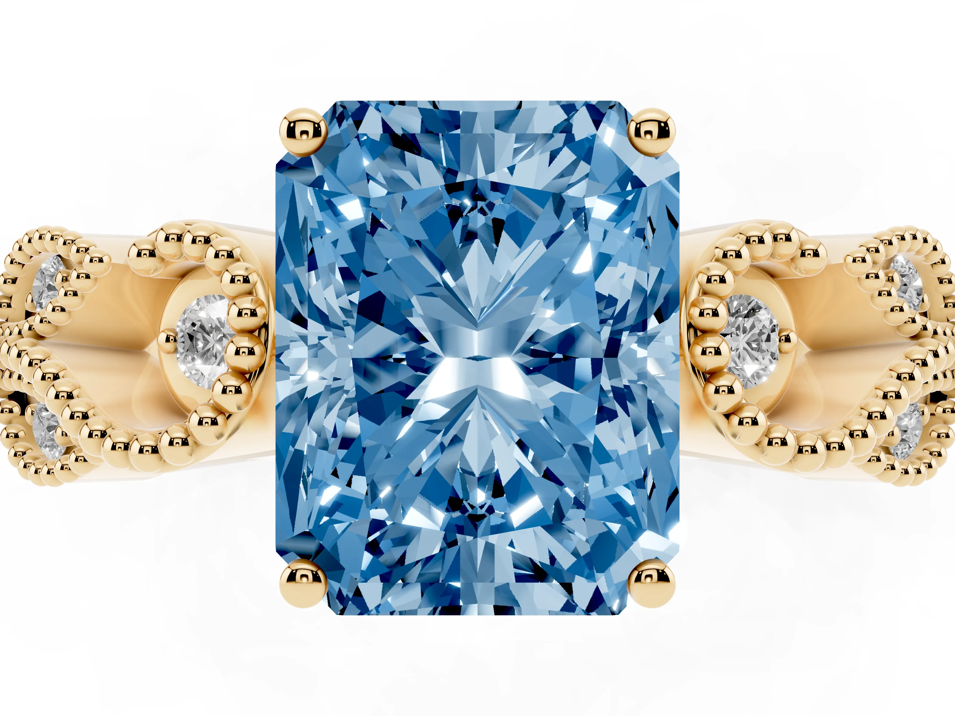 Fancy Blue Princess Cut Diamond Milgrain Leaf Band Solitaire Ring Set in Yellow gold with Accent Stones and Prong Setting