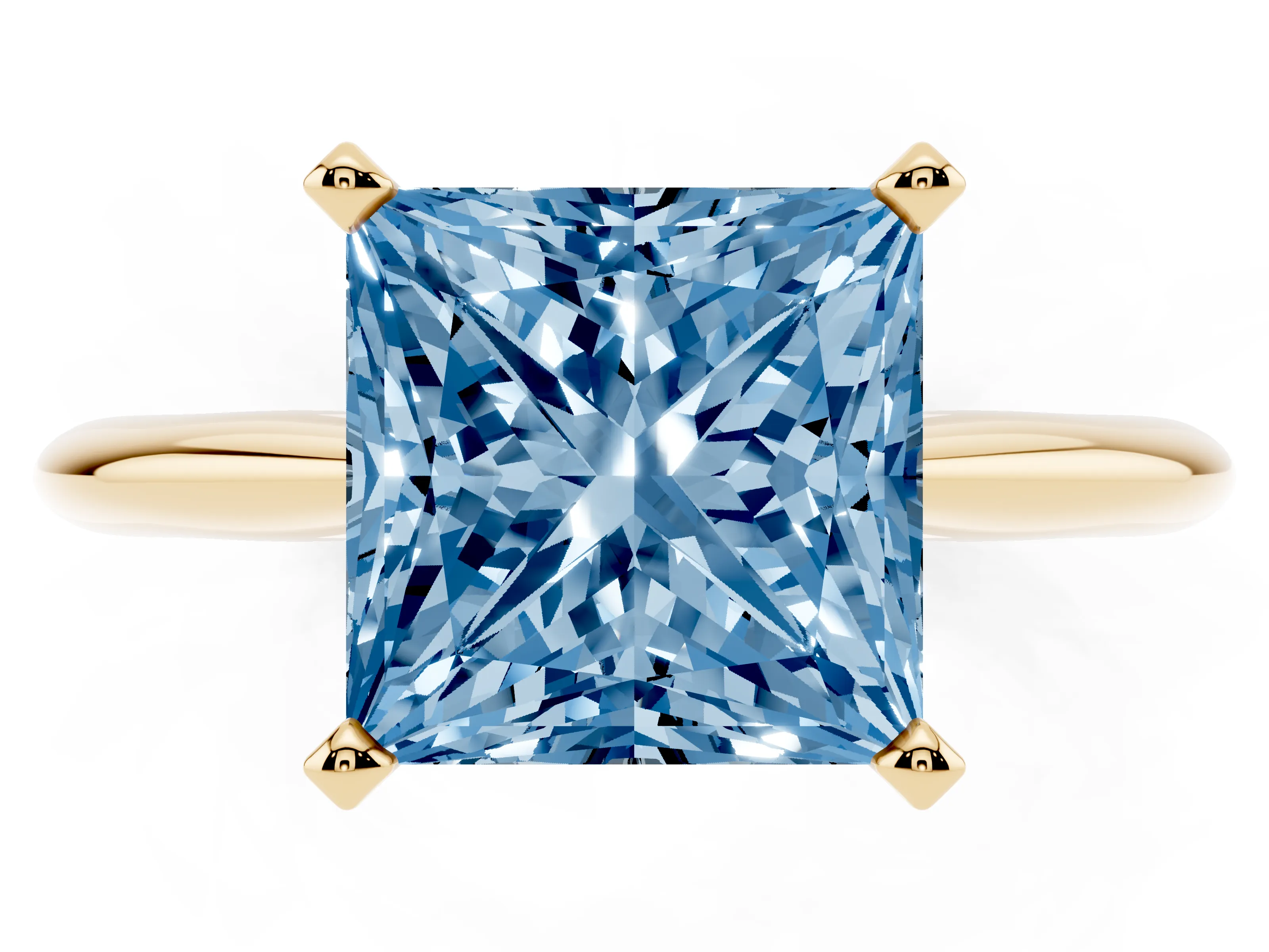 Fancy Blue Princess Cut Diamond Solitaire Ring Set in Yellow gold with Prong Setting on a Plain Round Band