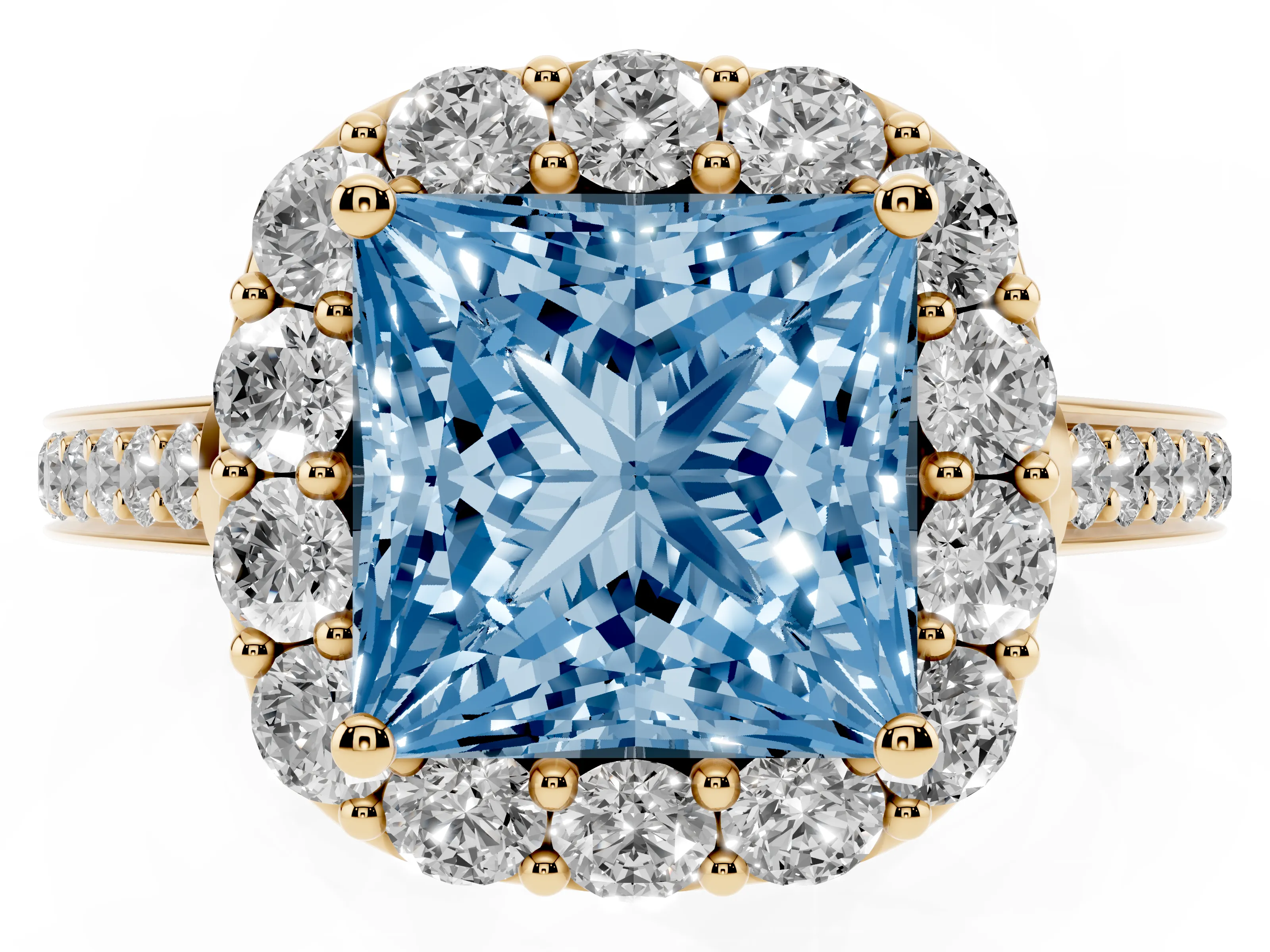 Fancy Blue Princess Cut Diamond Floral Halo Ring Set in Yellow gold with Pavé Band and Prong Setting
