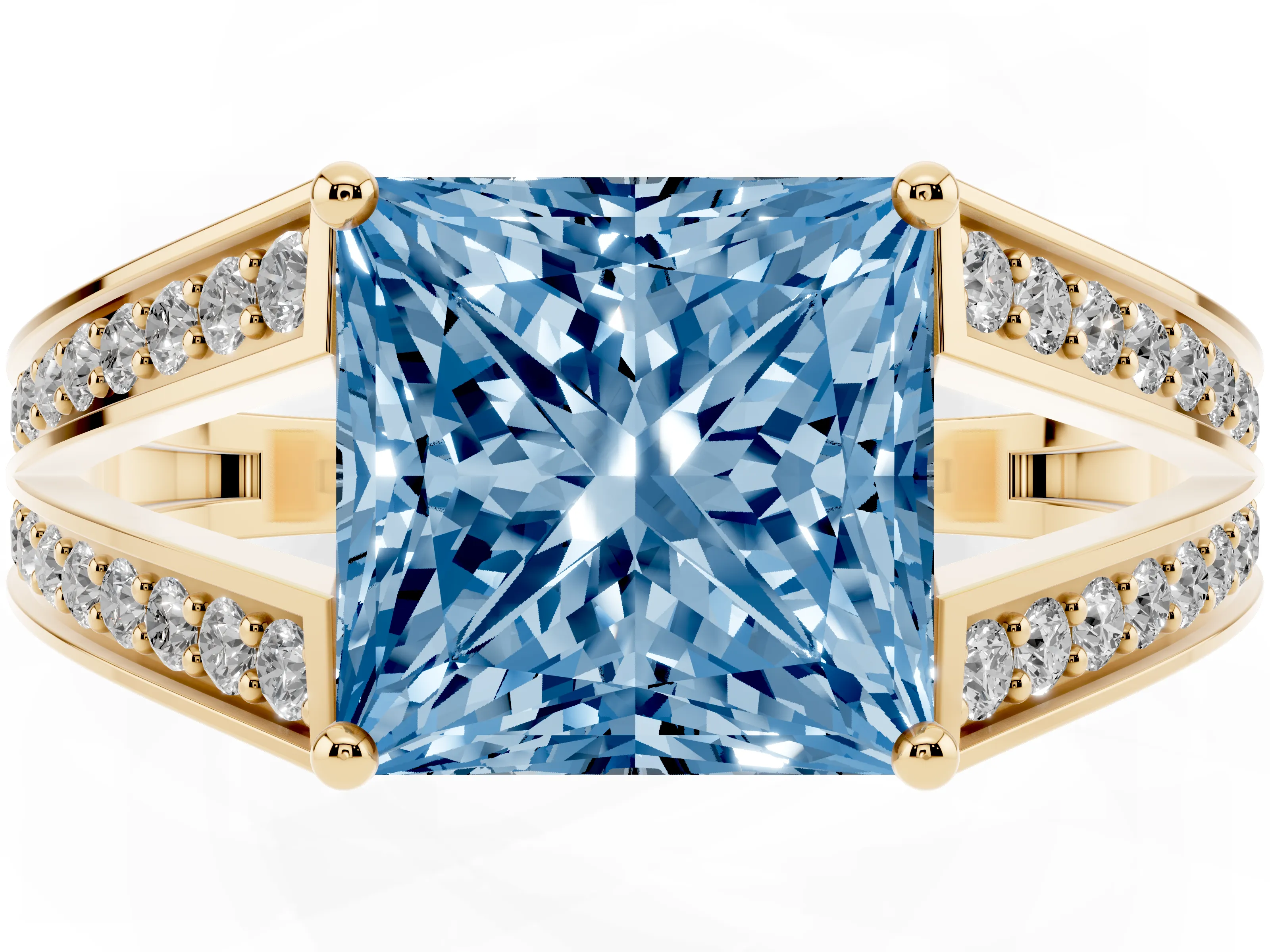 Fancy Blue Princess Cut Diamond Split Shank Ring Set in Yellow gold with Pavé Band and Prong Setting