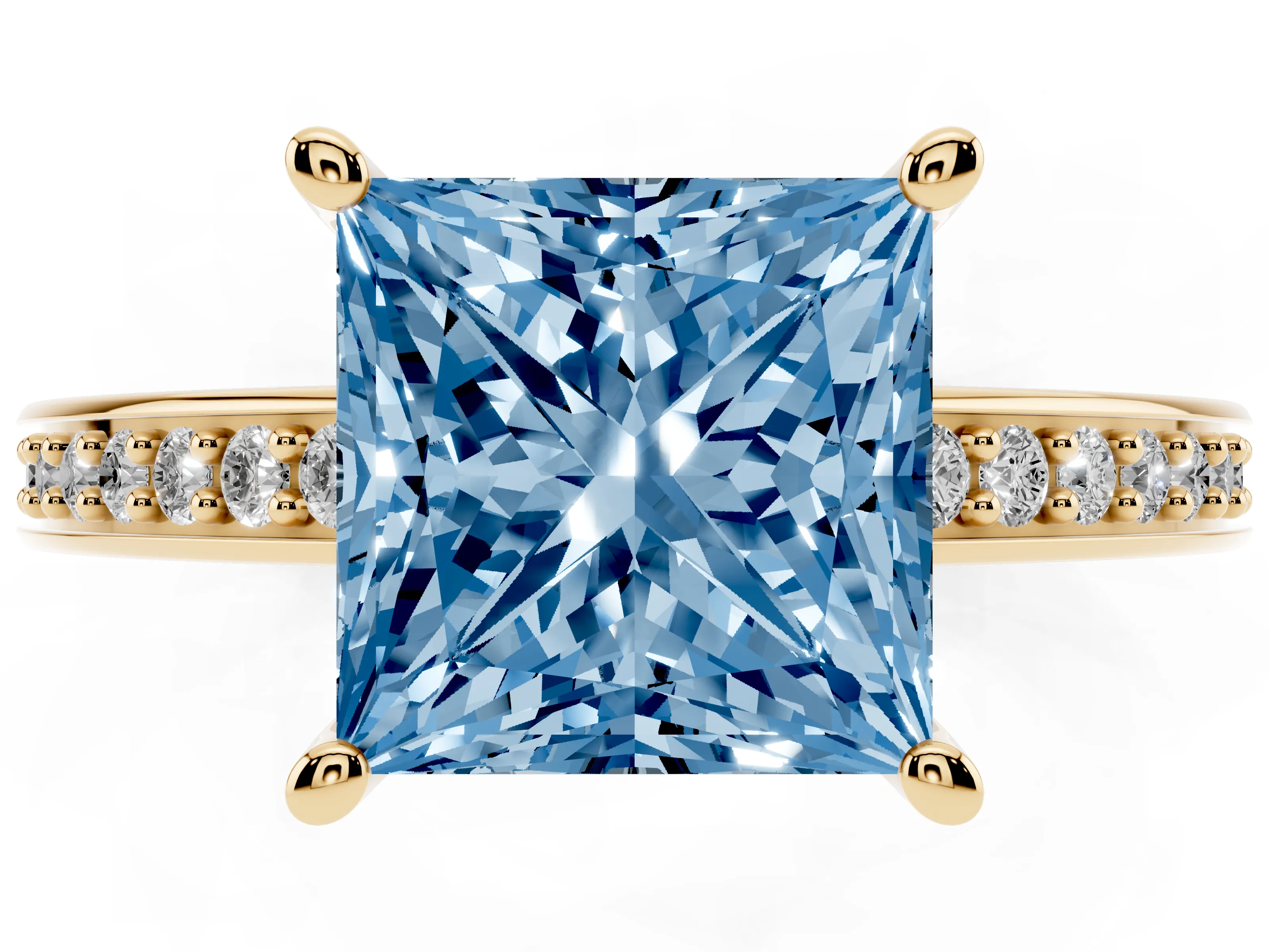 Fancy Blue Princess Cut Diamond Pavé Band Prong Set Solitaire Ring Set in Yellow gold