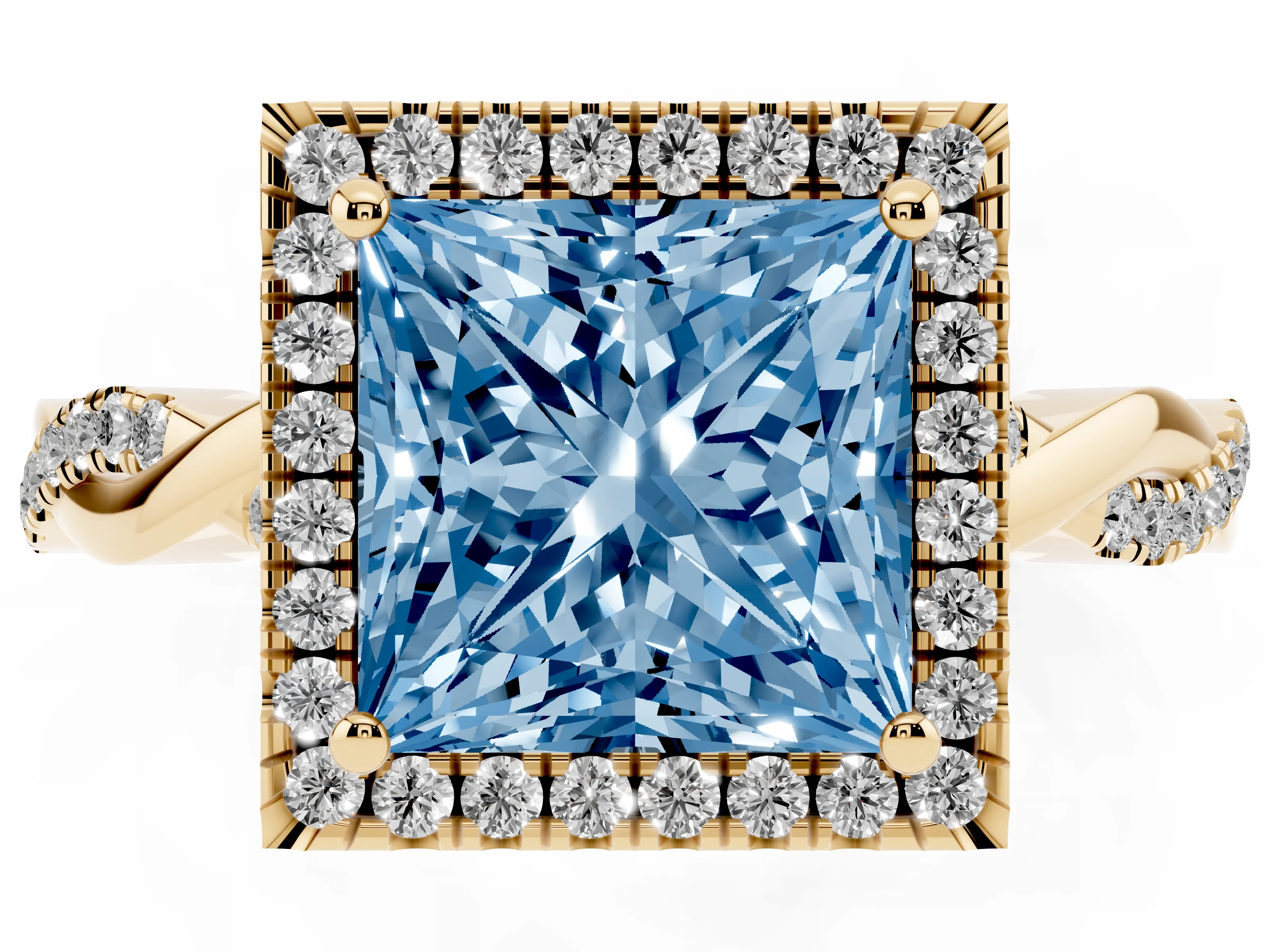 Fancy Blue Princess Cut Diamond Halo Twisted Band Ring Set in Yellow gold with Prong Setting