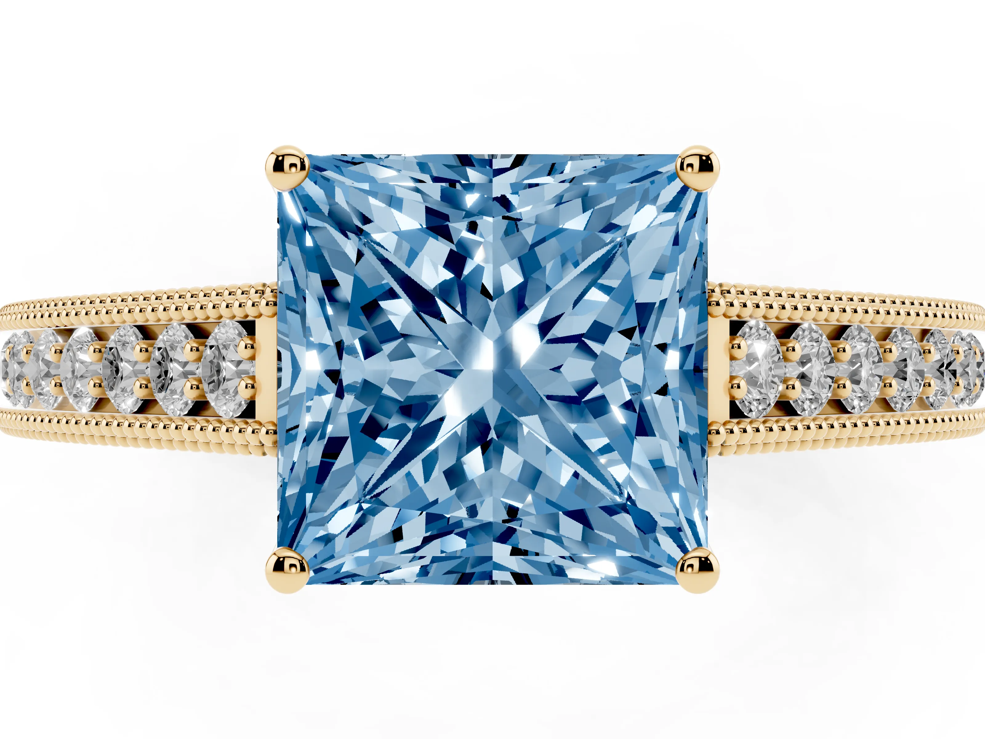 Fancy Blue Princess Cut Diamond Milgrain Pavé Band Solitaire Ring Set in Yellow gold with Prong Setting