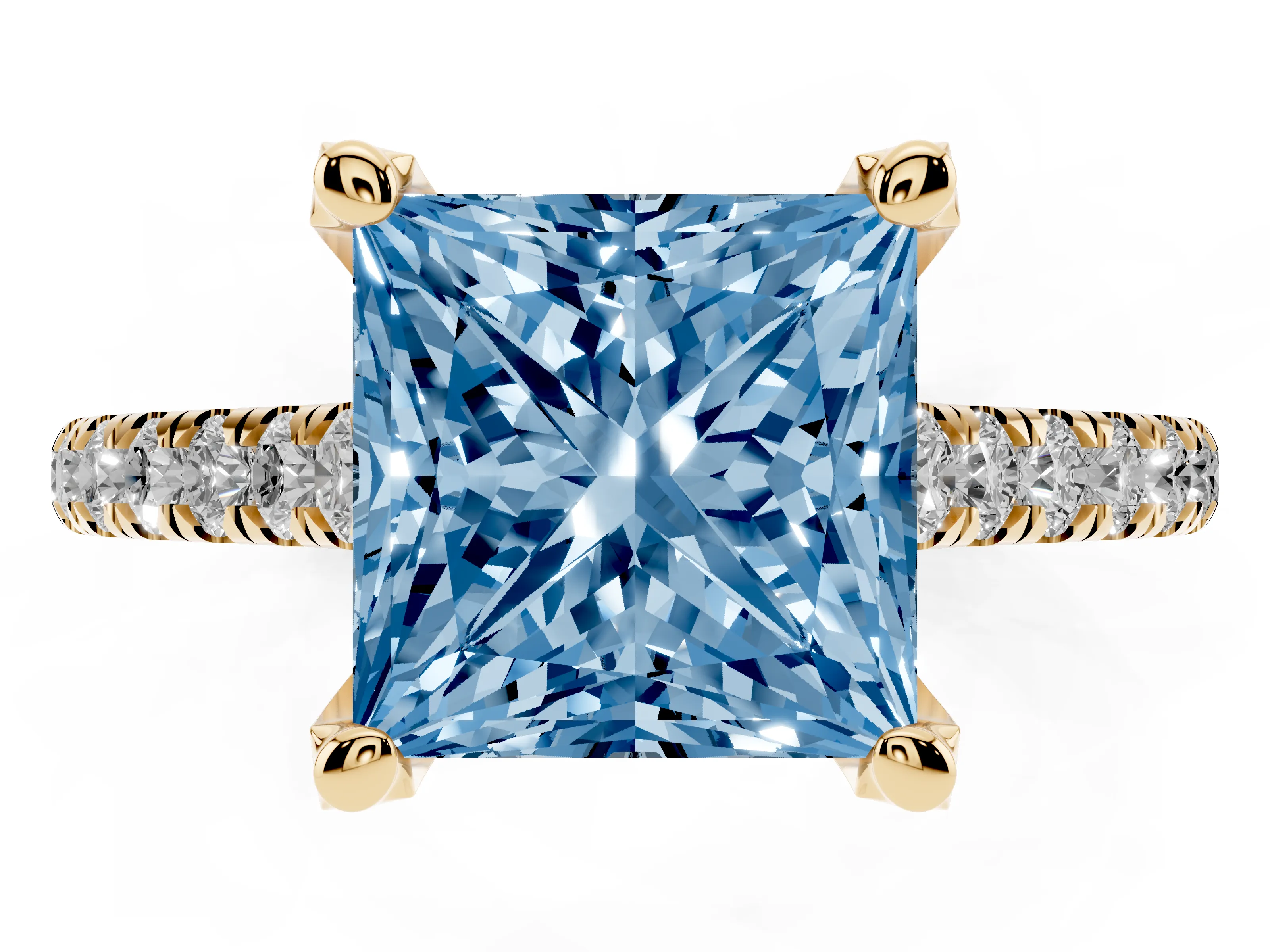 Fancy Blue Princess Cut Diamond Solitaire Ring Set in Yellow gold with Brilliant Pavé Band and Prong Setting
