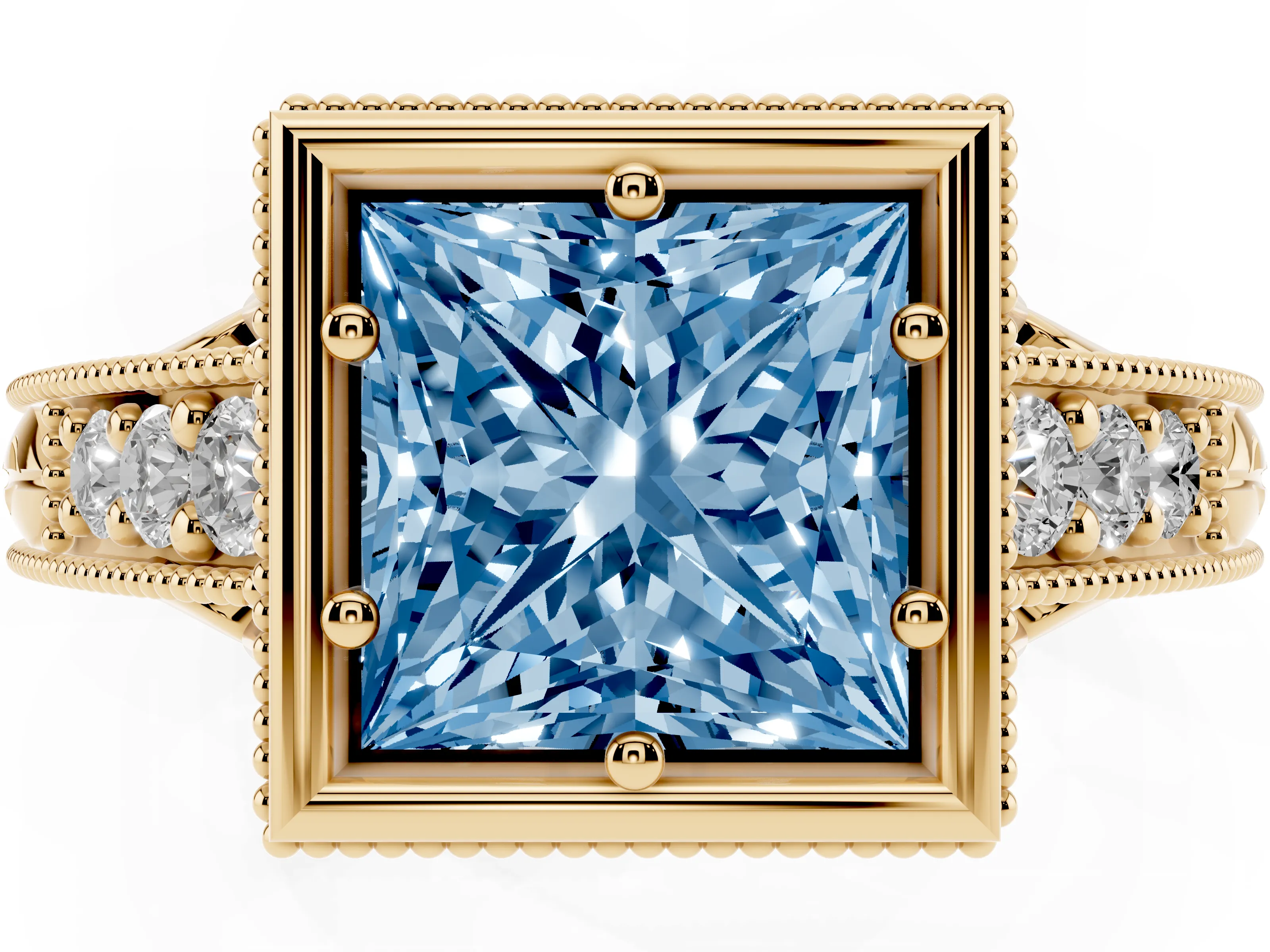 Fancy Blue Bezel Set Princess Cut Diamond Milgrain Pavé Engagement Ring Set in Yellow gold