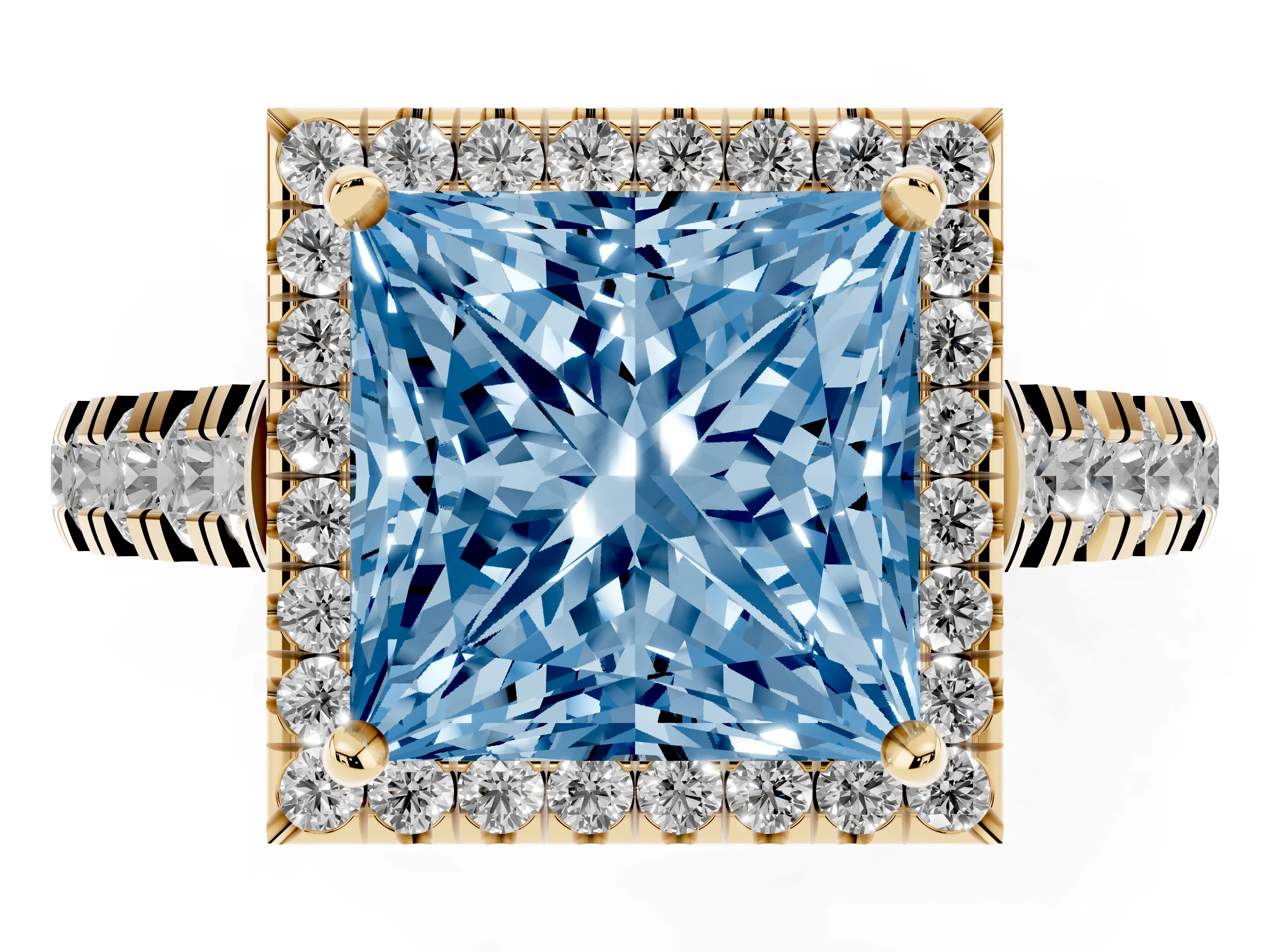 Fancy Blue Princess Cut Diamond Halo Engagement Ring Set in Yellow gold with Pavé Band and Prong-Set Center