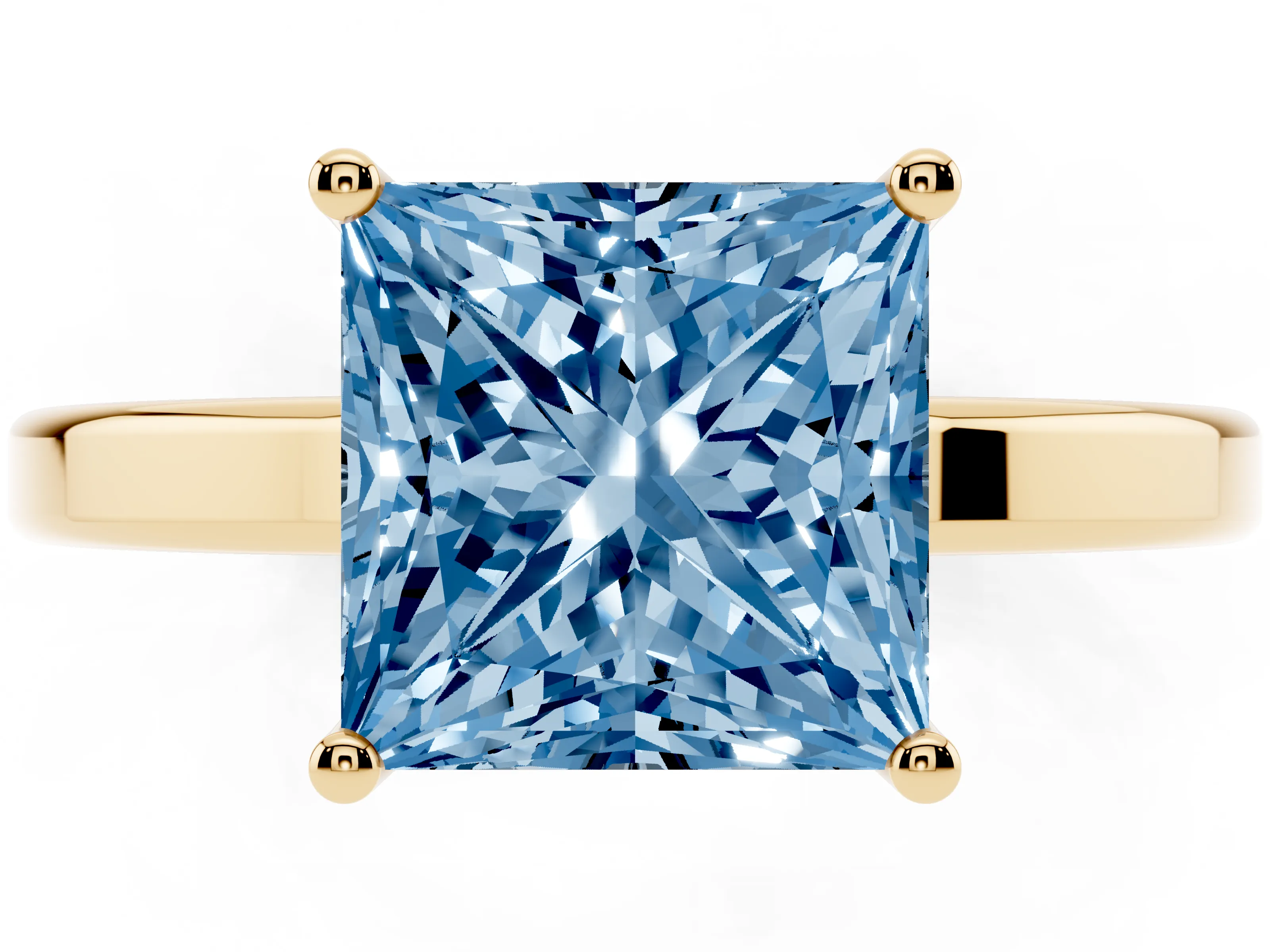 Fancy Blue Princess Cut Diamond Solitaire Engagement Ring Set in Yellow gold with Prong Setting on a Plain Band