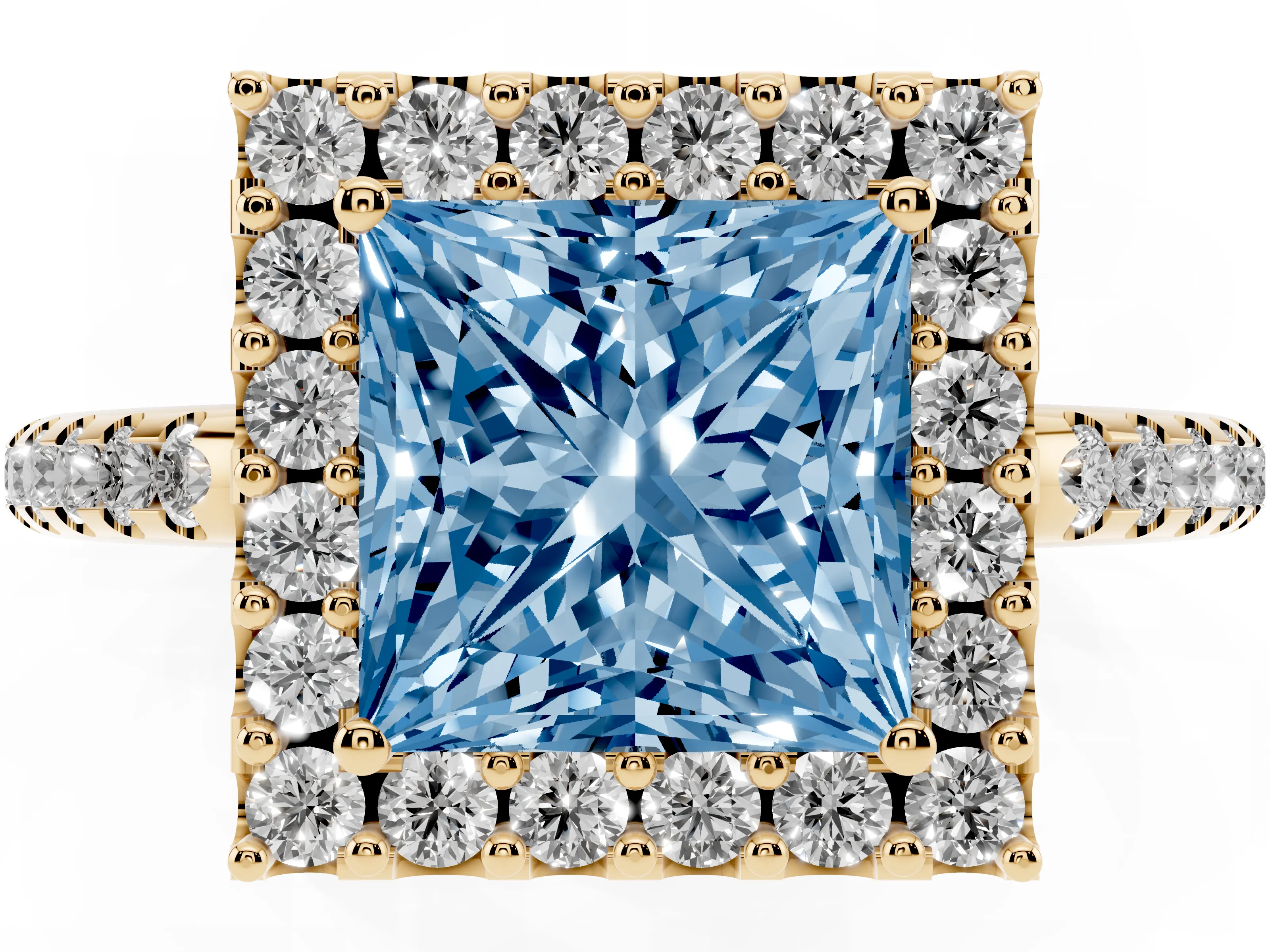 Fancy Blue Princess Cut Diamond Pavé Halo Ring Set in Yellow gold with Prong Setting