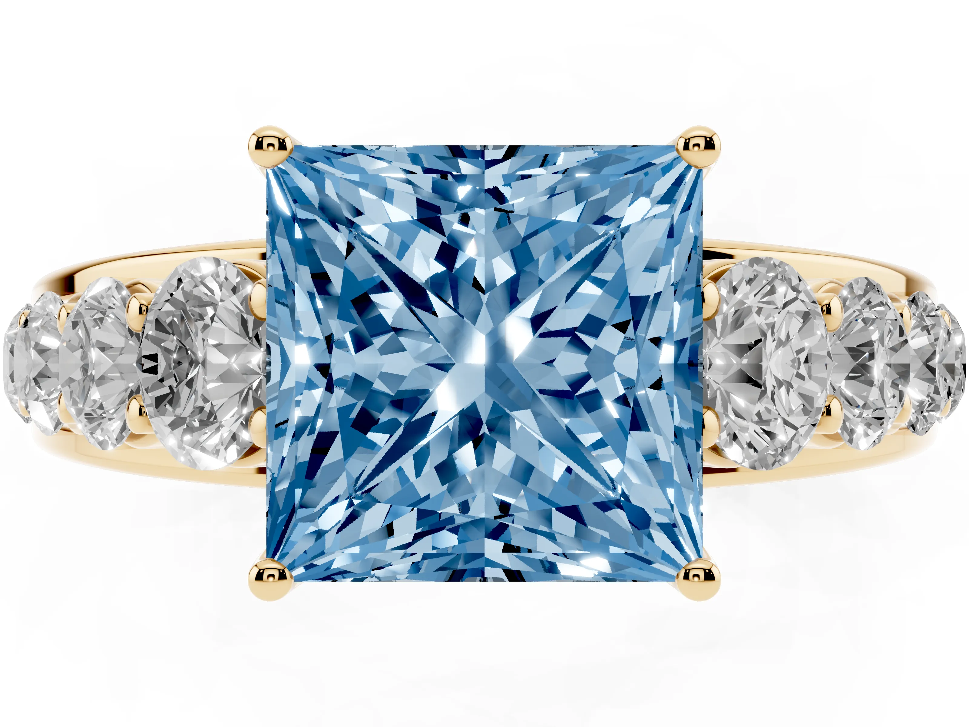 Fancy Blue Princess Cut Diamond Solitaire Ring Set in Yellow gold with Pavé-Set Band and Prong Setting