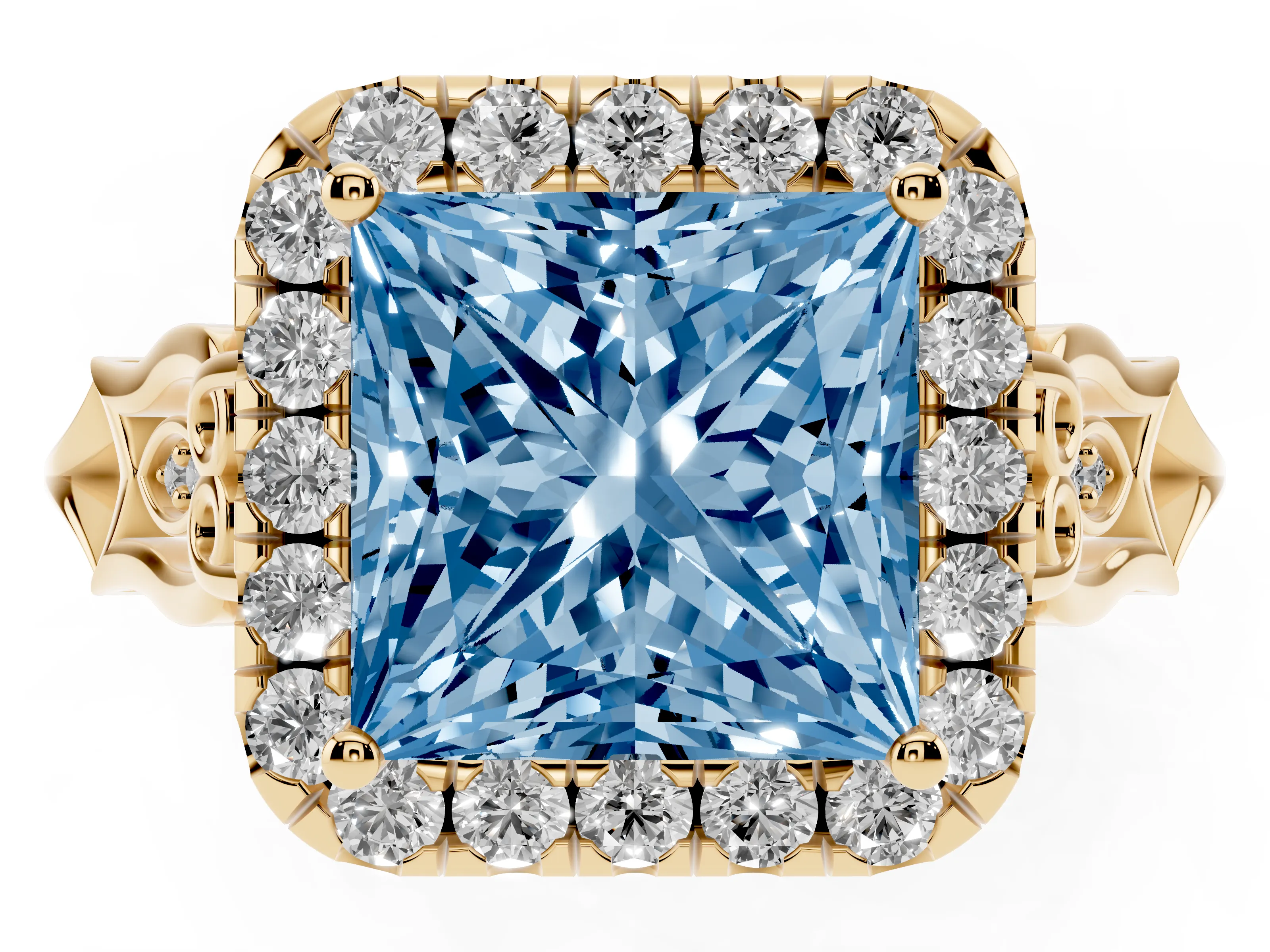 Fancy Blue Princess Cut Diamond Halo Engagement Ring Set in Yellow gold with Filigree Band and Prong-Set Center