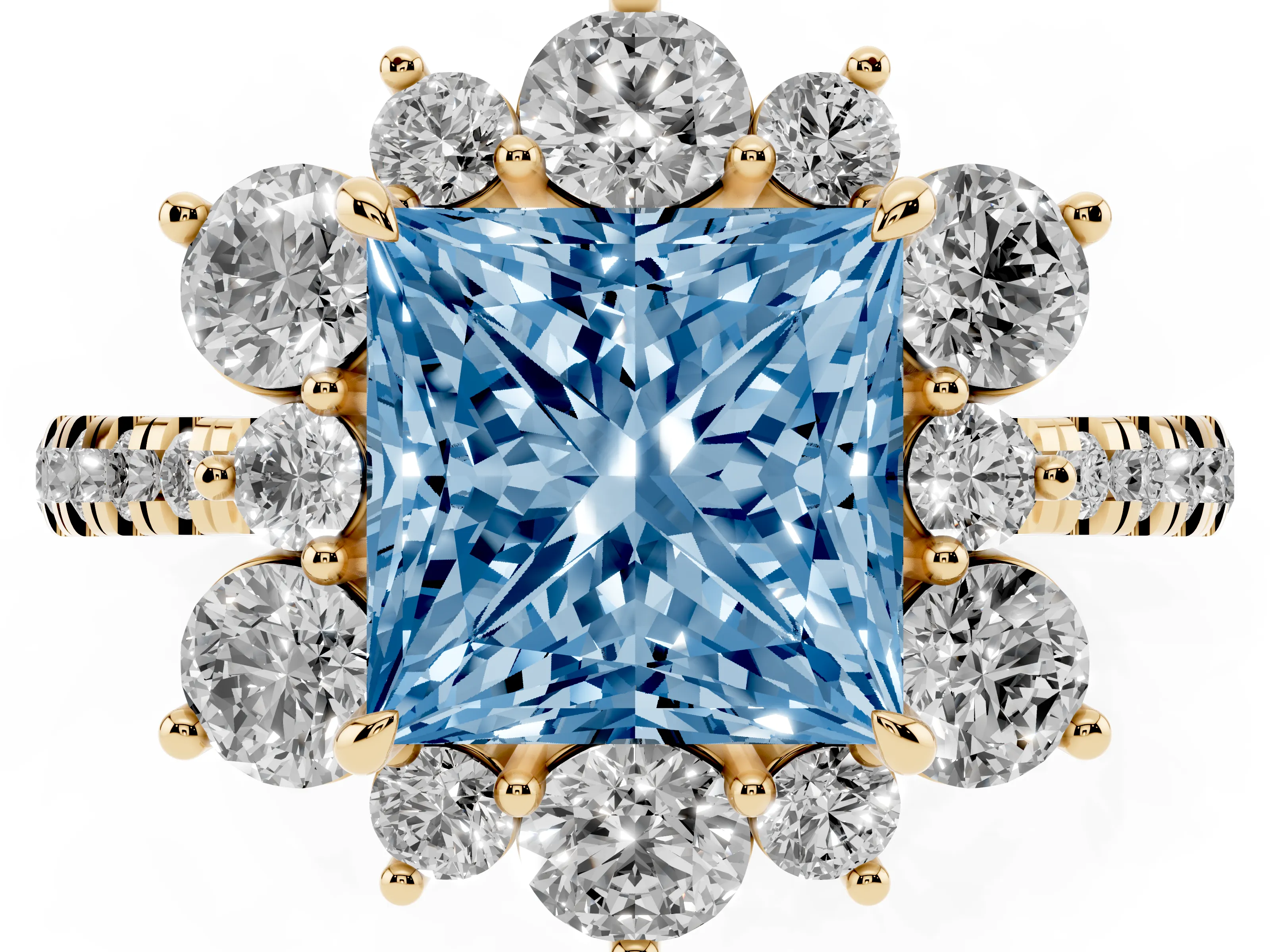 Fancy Blue Princess Cut Diamond Floral Halo Ring Set in Yellow gold with Round Pavé Band and Prong Setting