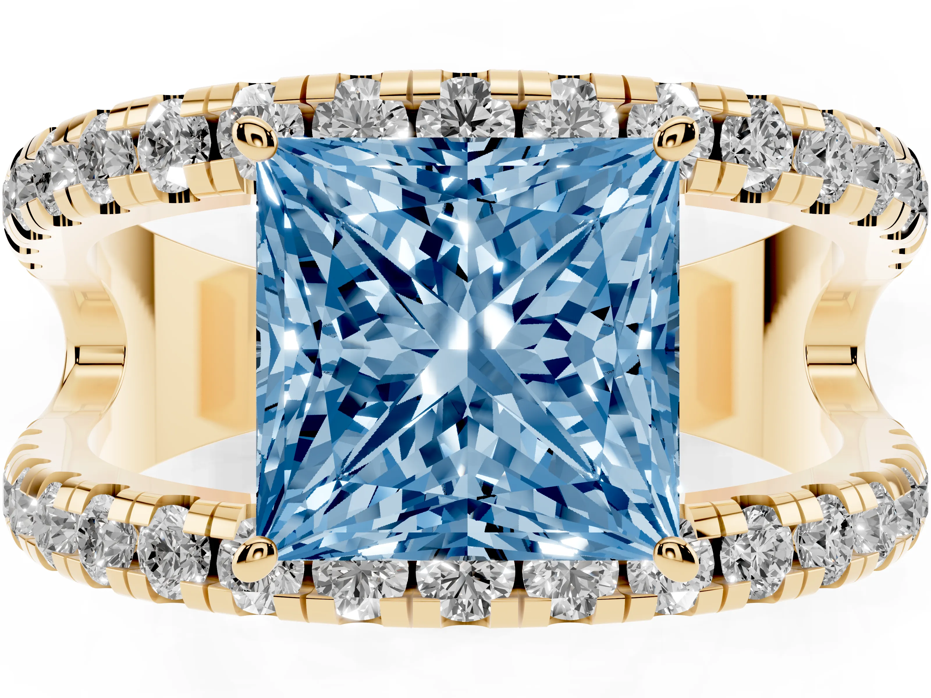Fancy Blue Princess Cut Diamond Split Shank Pavé Solitaire Ring Set in Yellow gold with Open Shank Design