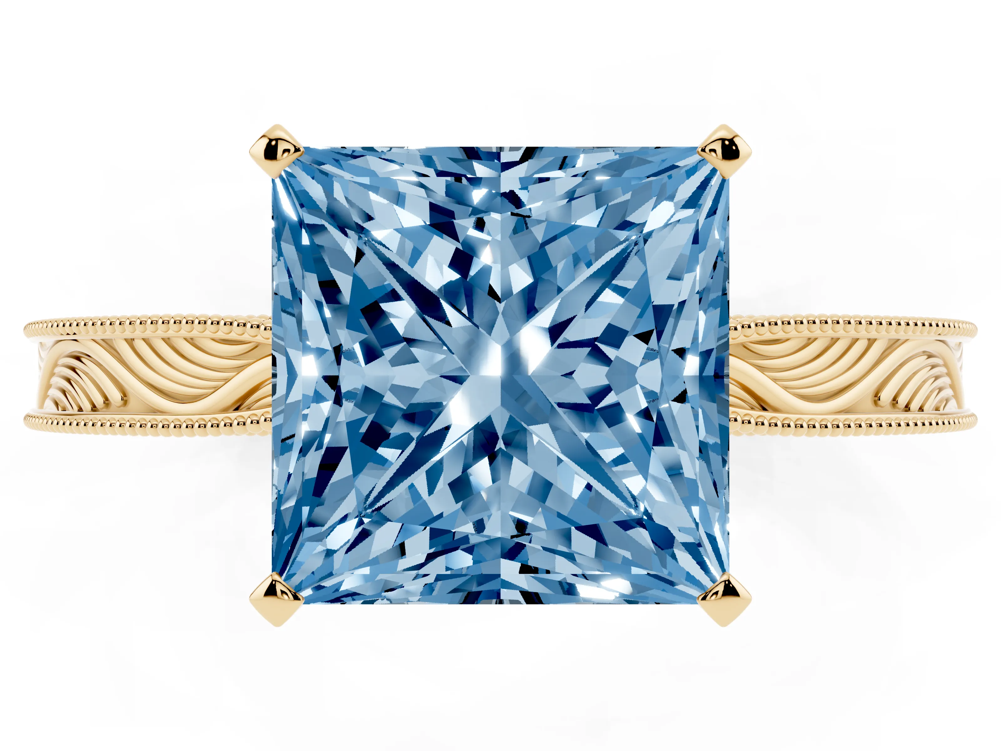 Fancy Blue Princess Cut Diamond Solitaire Milgrain Engraved Band Set in Yellow gold with Prong Setting