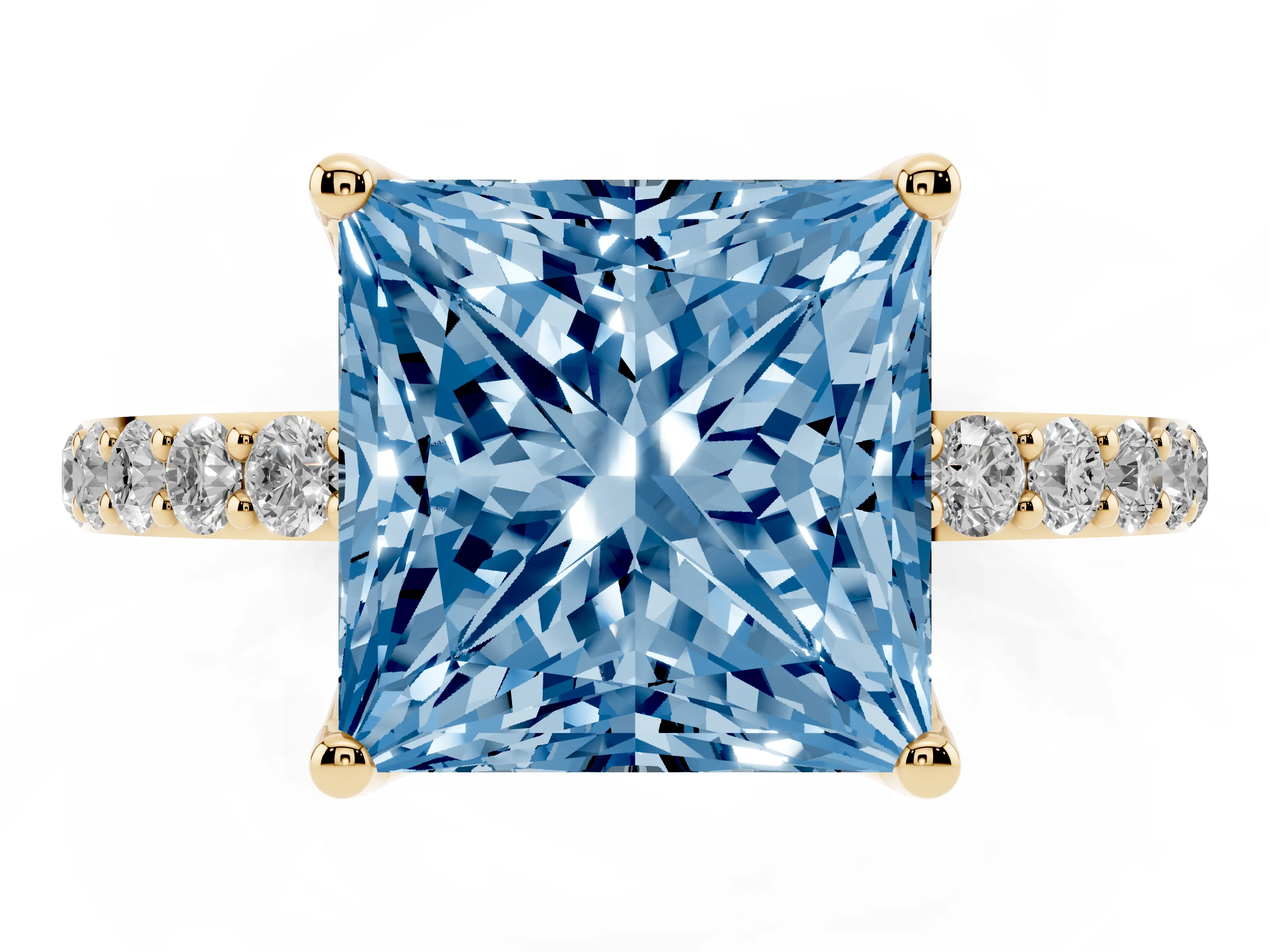 Fancy Blue Princess Cut Diamond Solitaire Engagement Ring Set in Yellow gold with Round Pavé Band and Prong Setting