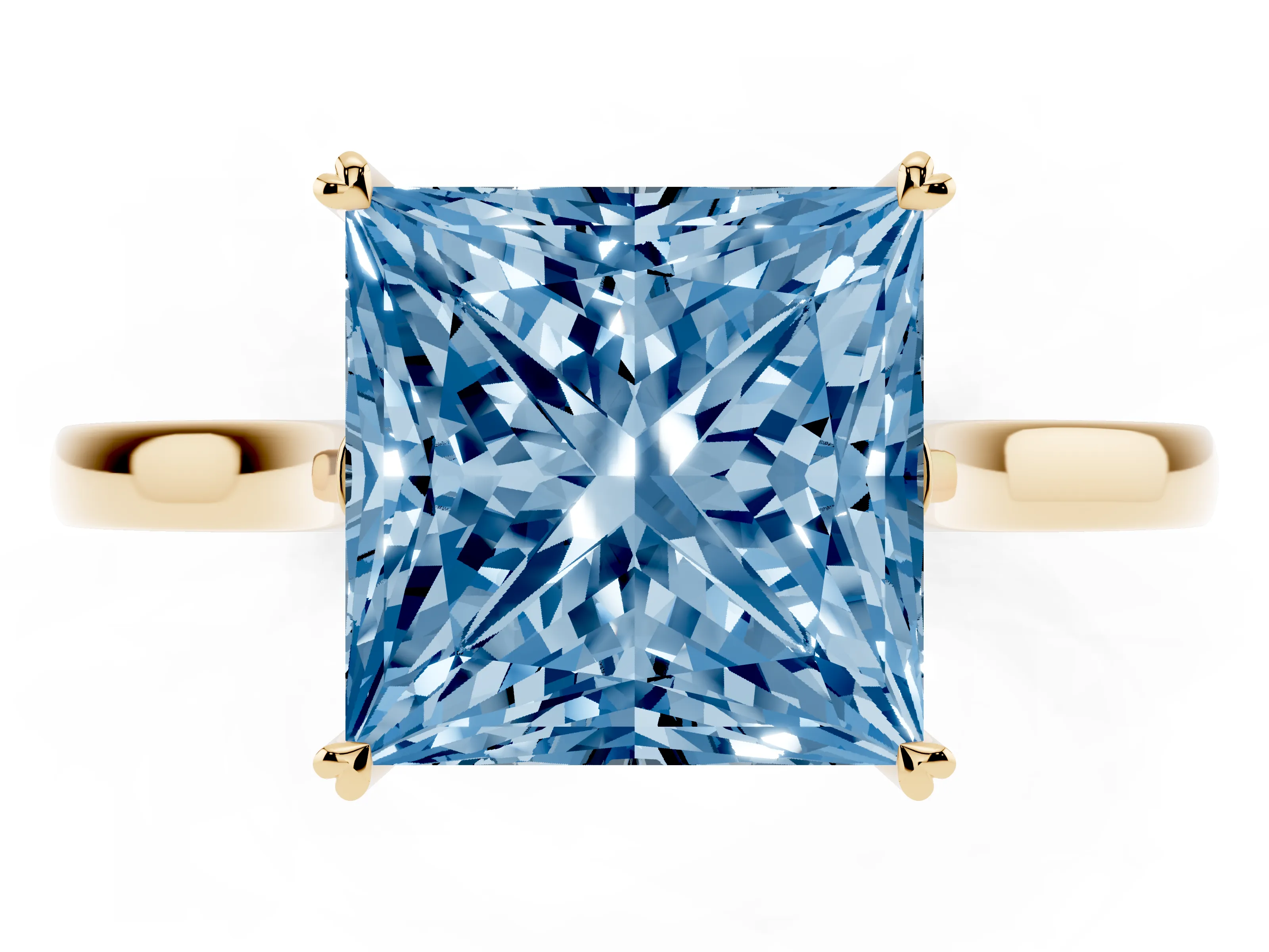Fancy Blue Princess Cut Diamond Solitaire Heart Prong Engagement Ring Set in Yellow gold with Tapered Band