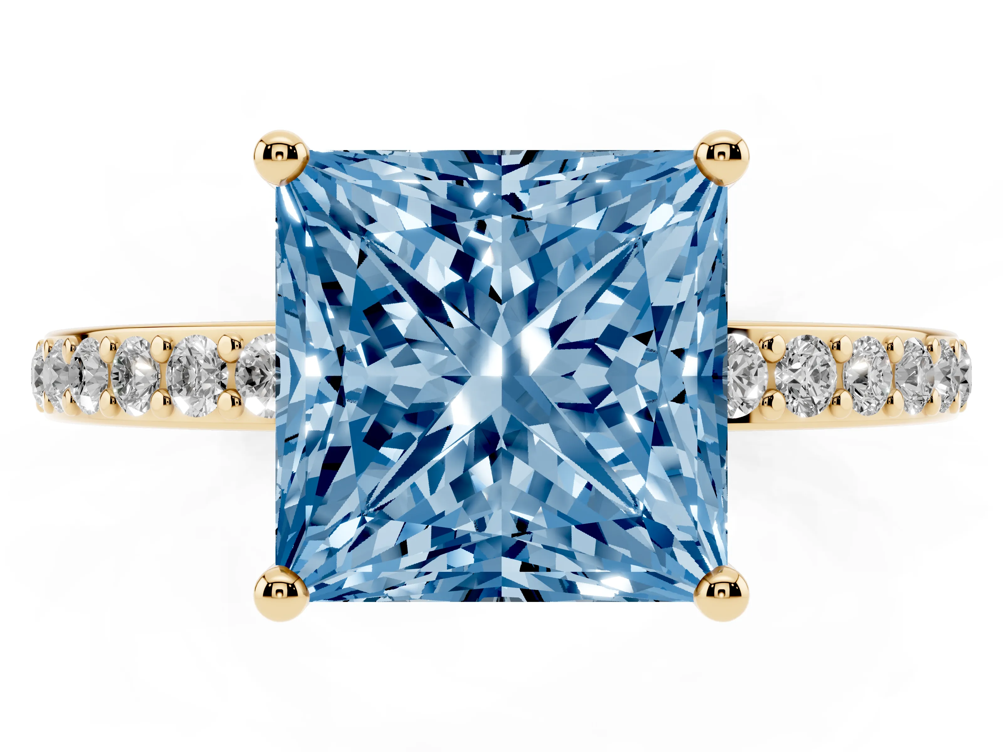 Fancy Blue Princess Cut Diamond Pavé Band Ring Set in Yellow gold with Prong-Set Center Stone