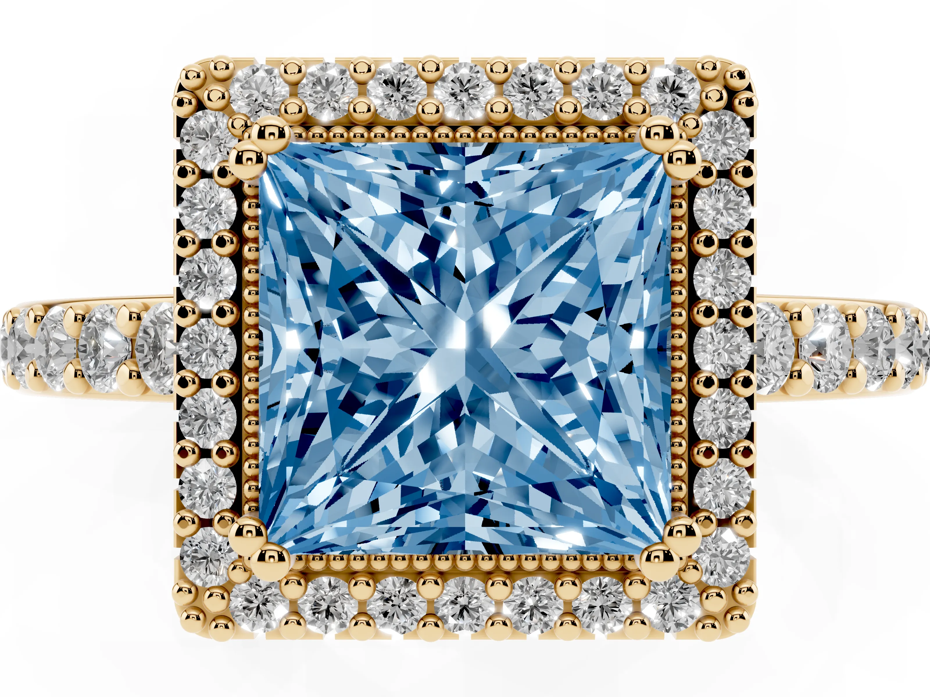 Fancy Blue Princess Cut Diamond Halo Engagement Ring Set in Yellow gold with Milgrain Detail and Pavé Band