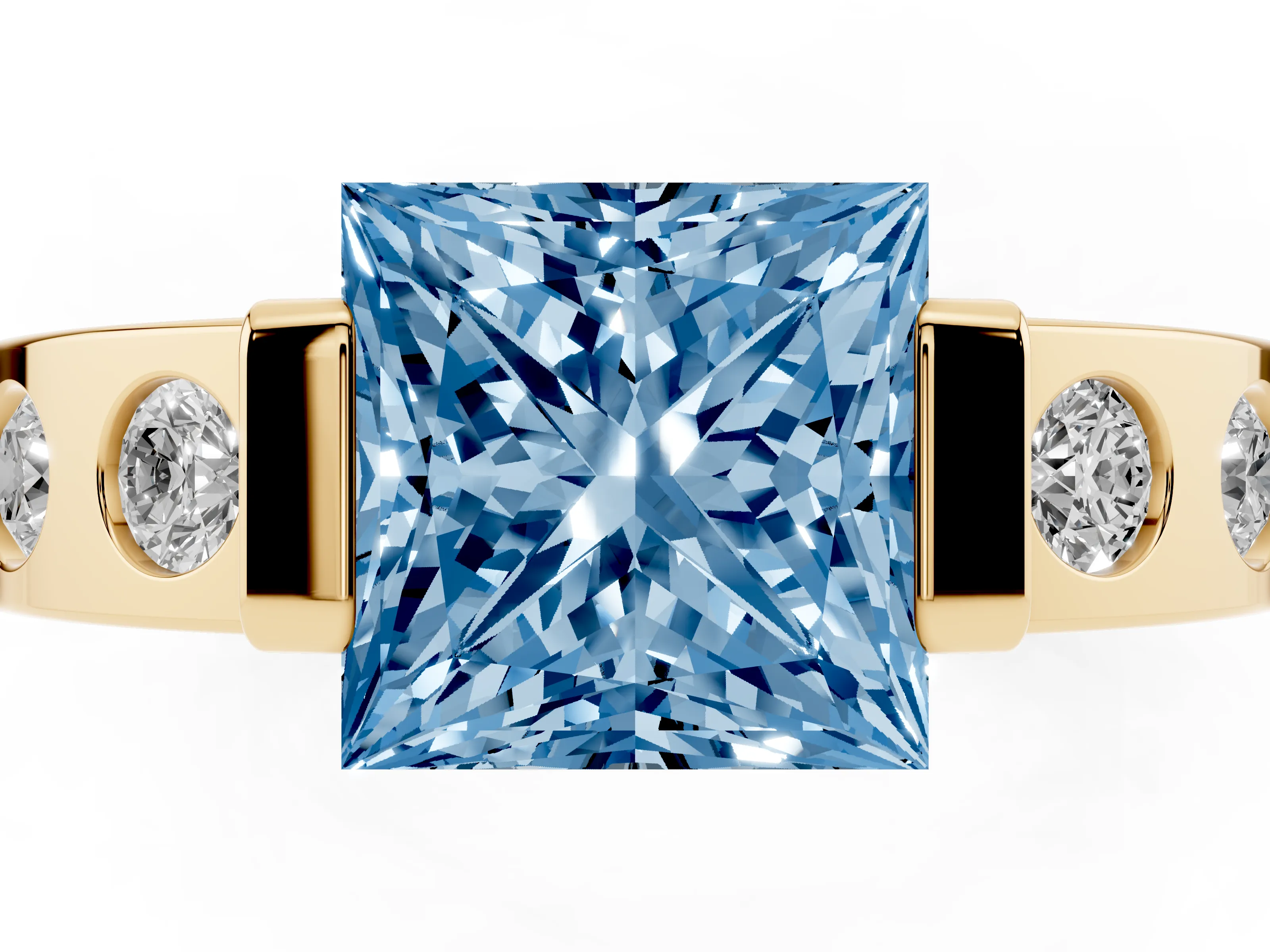 Fancy Blue Princess Cut Diamond Channel-Set Band Ring Set in Yellow gold with Bezel Prong Setting