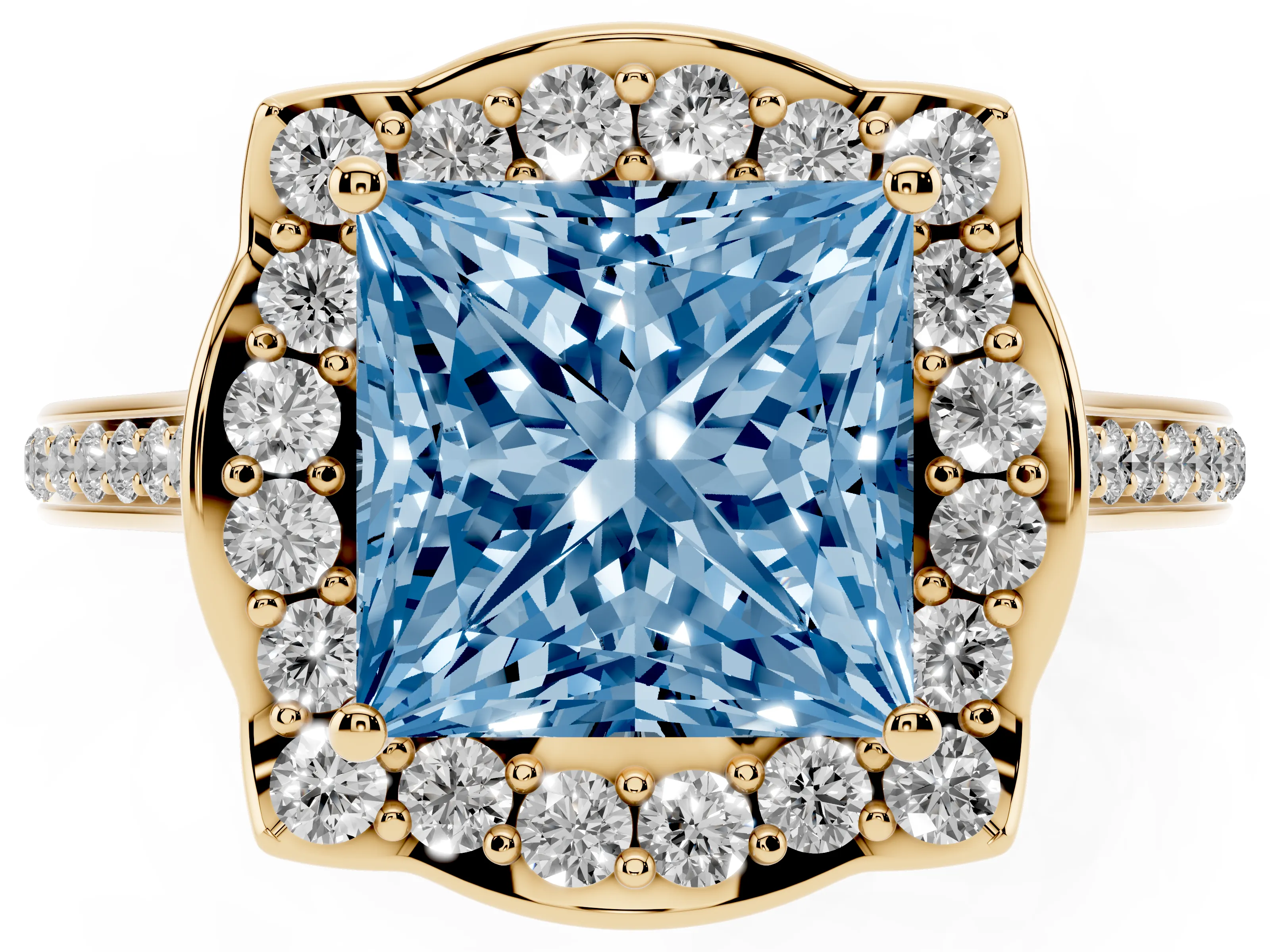 Fancy Blue Princess Cut Diamond Halo Ring Set in Yellow gold with Pavé-Lined Shoulders and Prong Setting