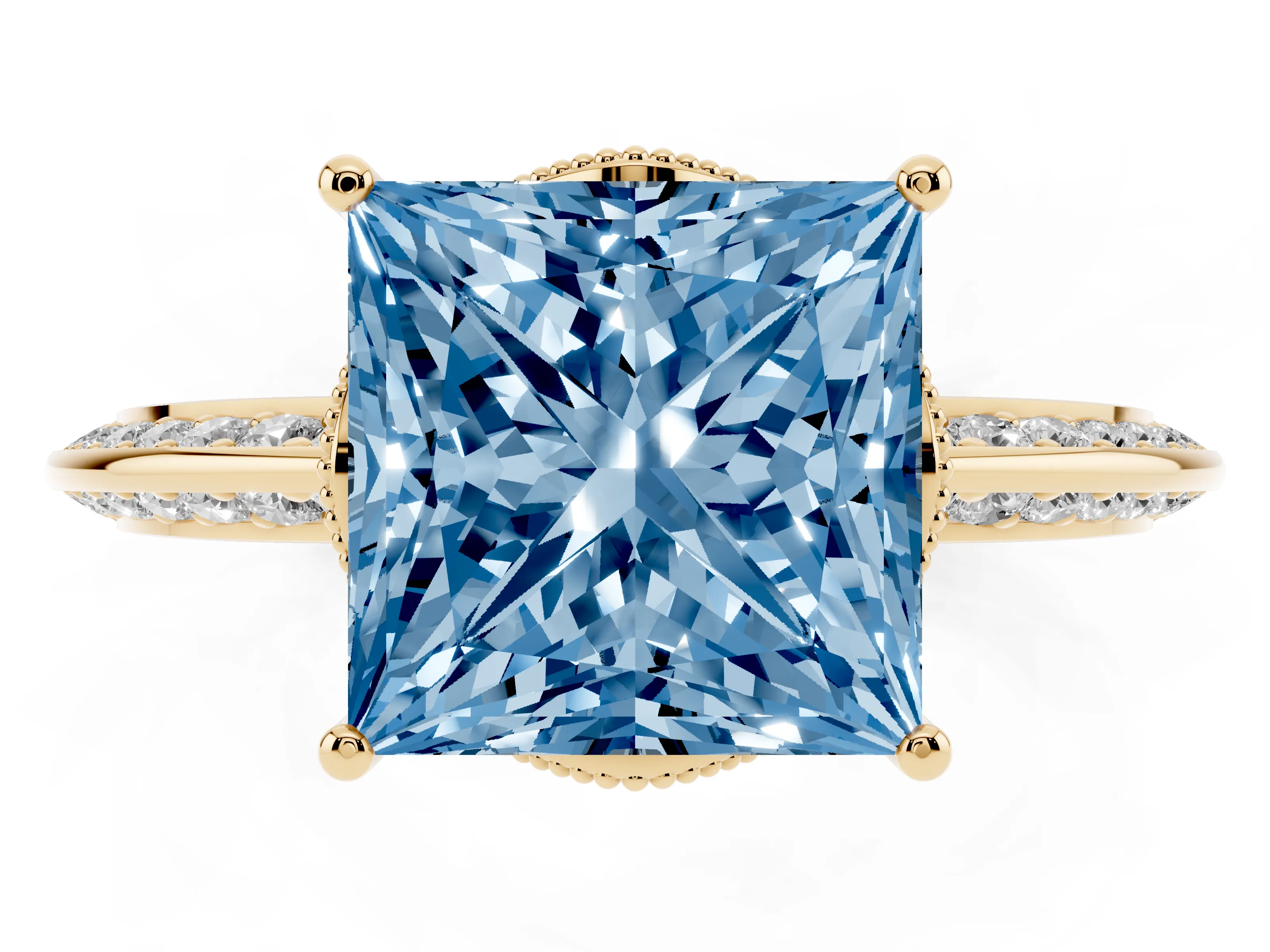 Fancy Blue Princess Cut Diamond Solitaire Engagement Ring Set in Yellow gold with Pavé Split Shank and Prong Setting