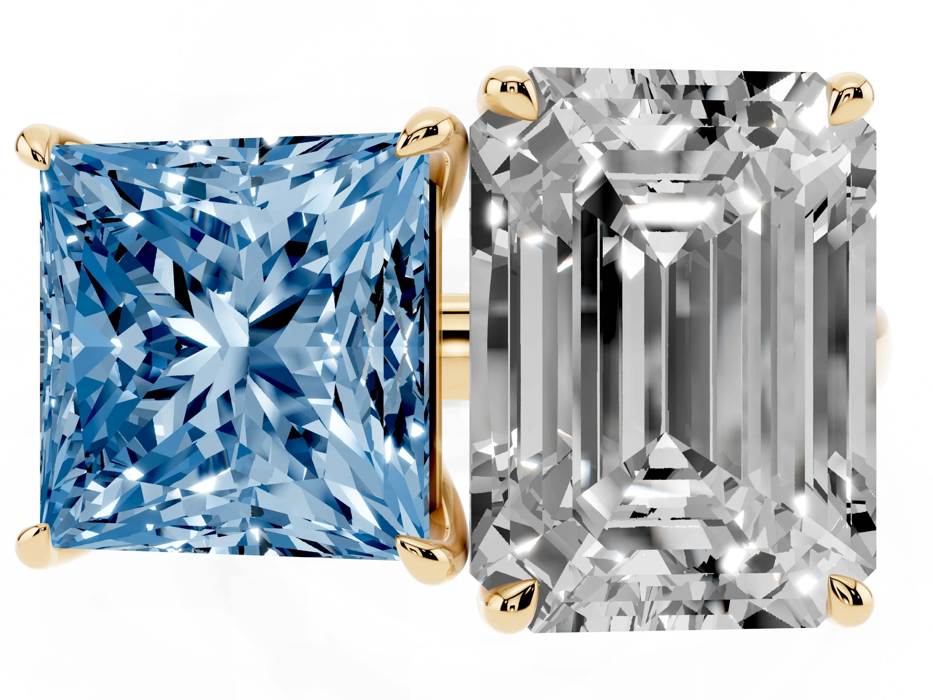 Fancy Blue Princess Cut and Emerald Cut Toi Moi Ring Set in Yellow gold with Prong Setting