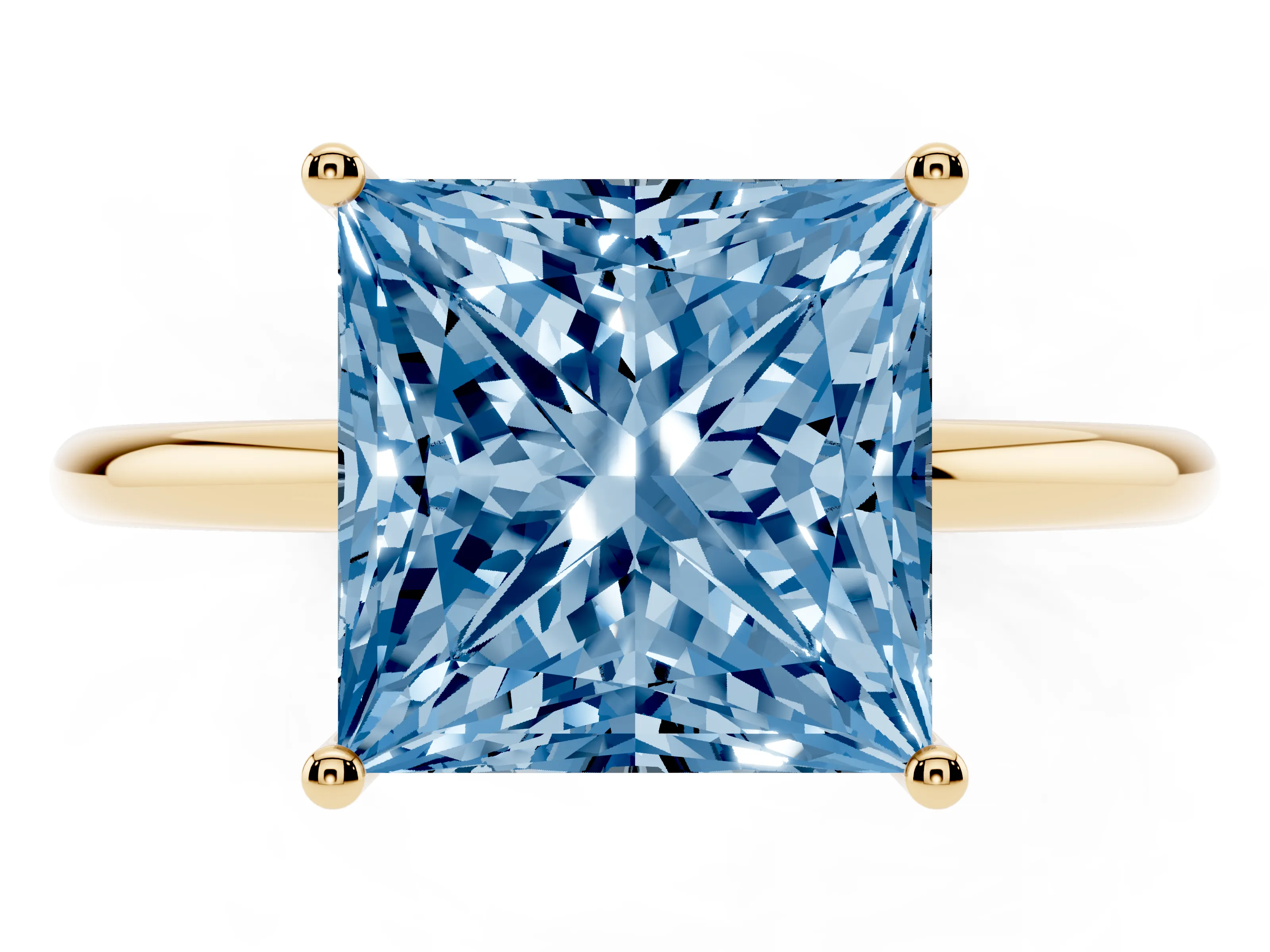 Fancy Blue Princess Cut Diamond Solitaire Engagement Ring Set in Yellow gold with Thin Band and Prong Setting