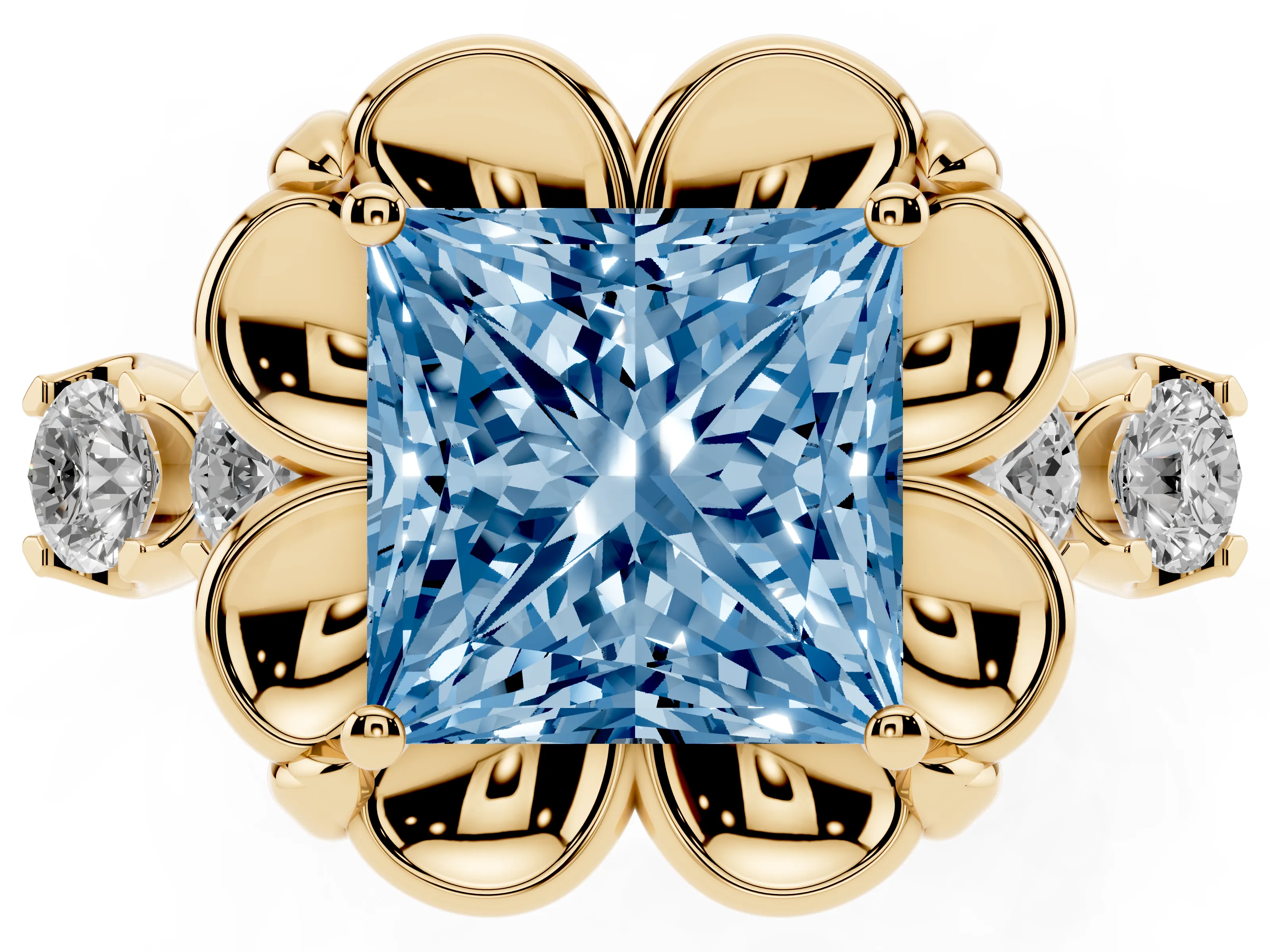 Fancy Blue Princess Cut Diamond Floral Halo Ring Set in Yellow gold with Shared Prong Band