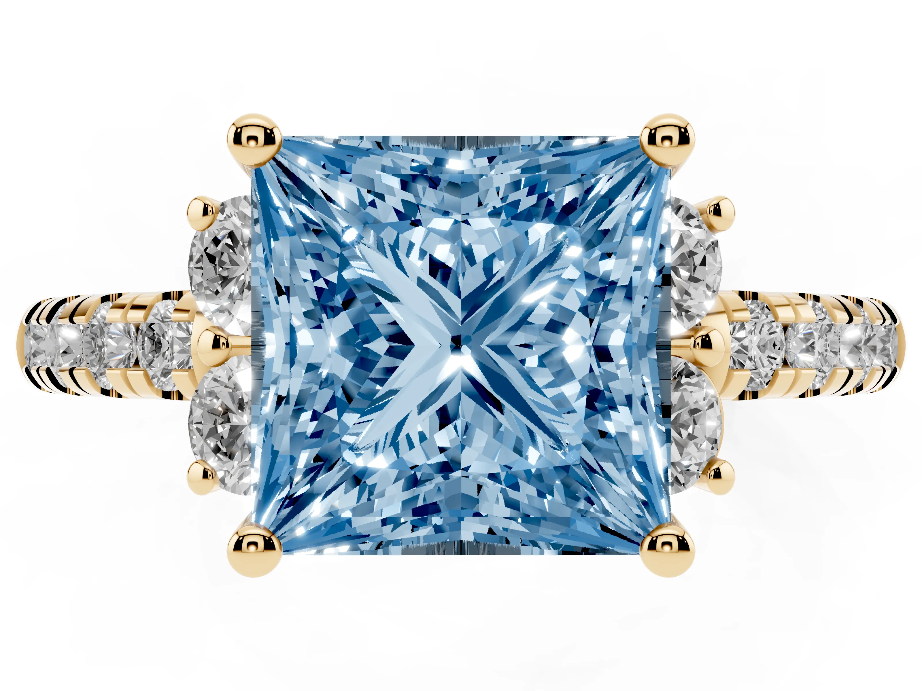 Fancy Blue Princess Cut Diamond Three-Stone Pavé Ring Set in Yellow gold with Prong Setting