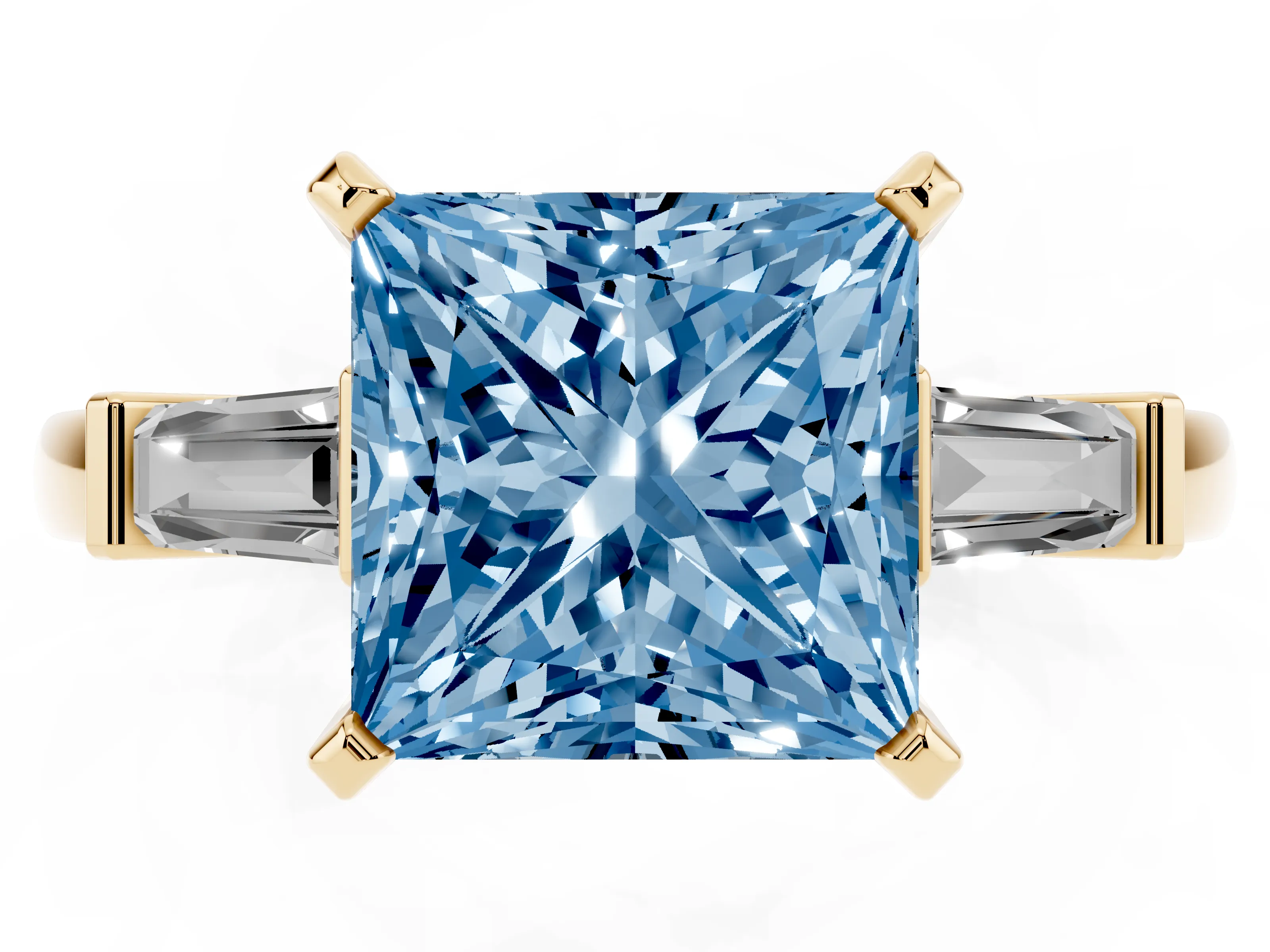 Fancy Blue Princess Cut Diamond Solitaire Ring Set in Yellow gold with Tapered Baguette Accents and Prong Setting