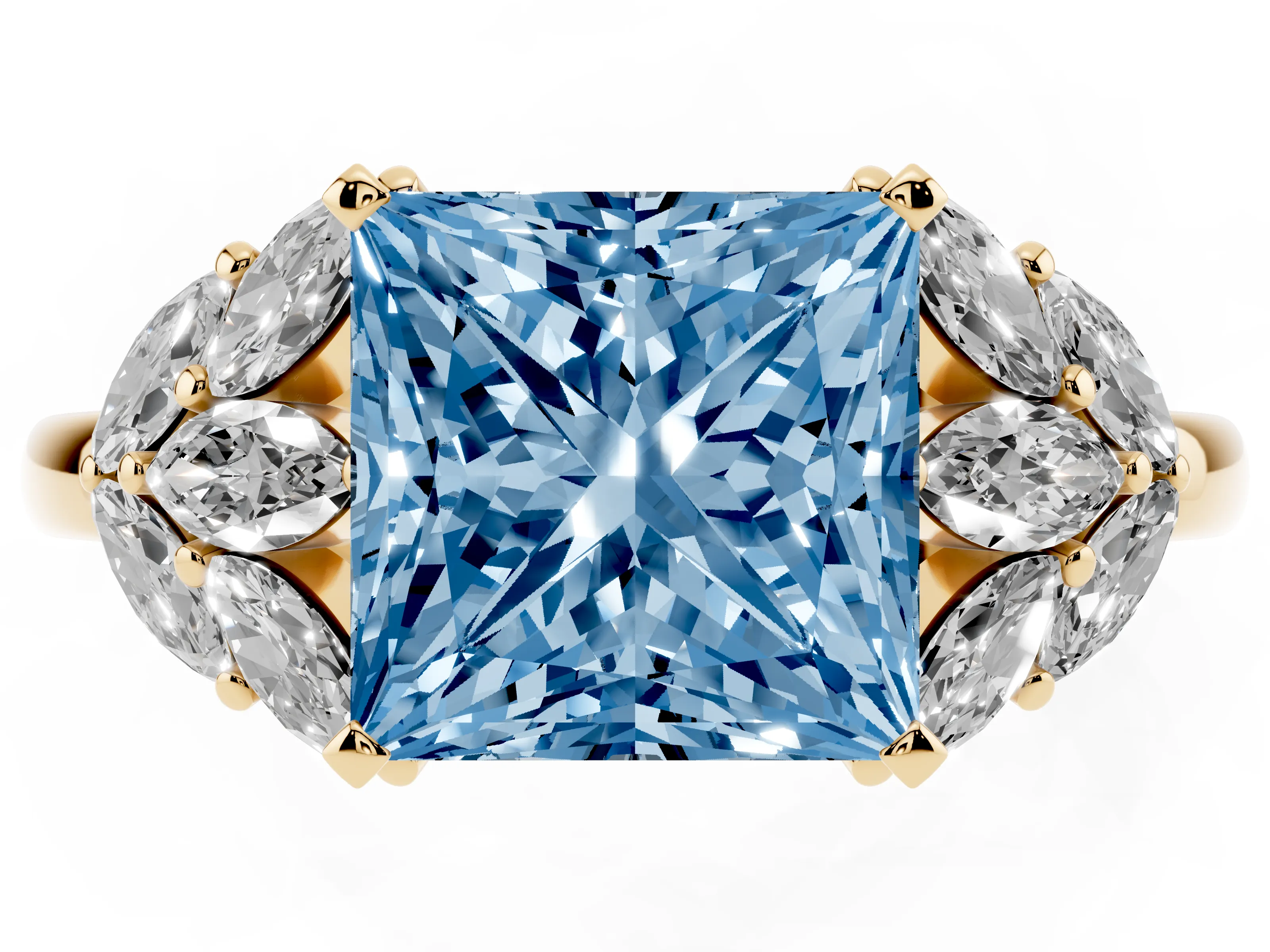 Fancy Blue Princess Cut Diamond Cluster Leaf Design Ring Set in Yellow gold with Prong Setting
