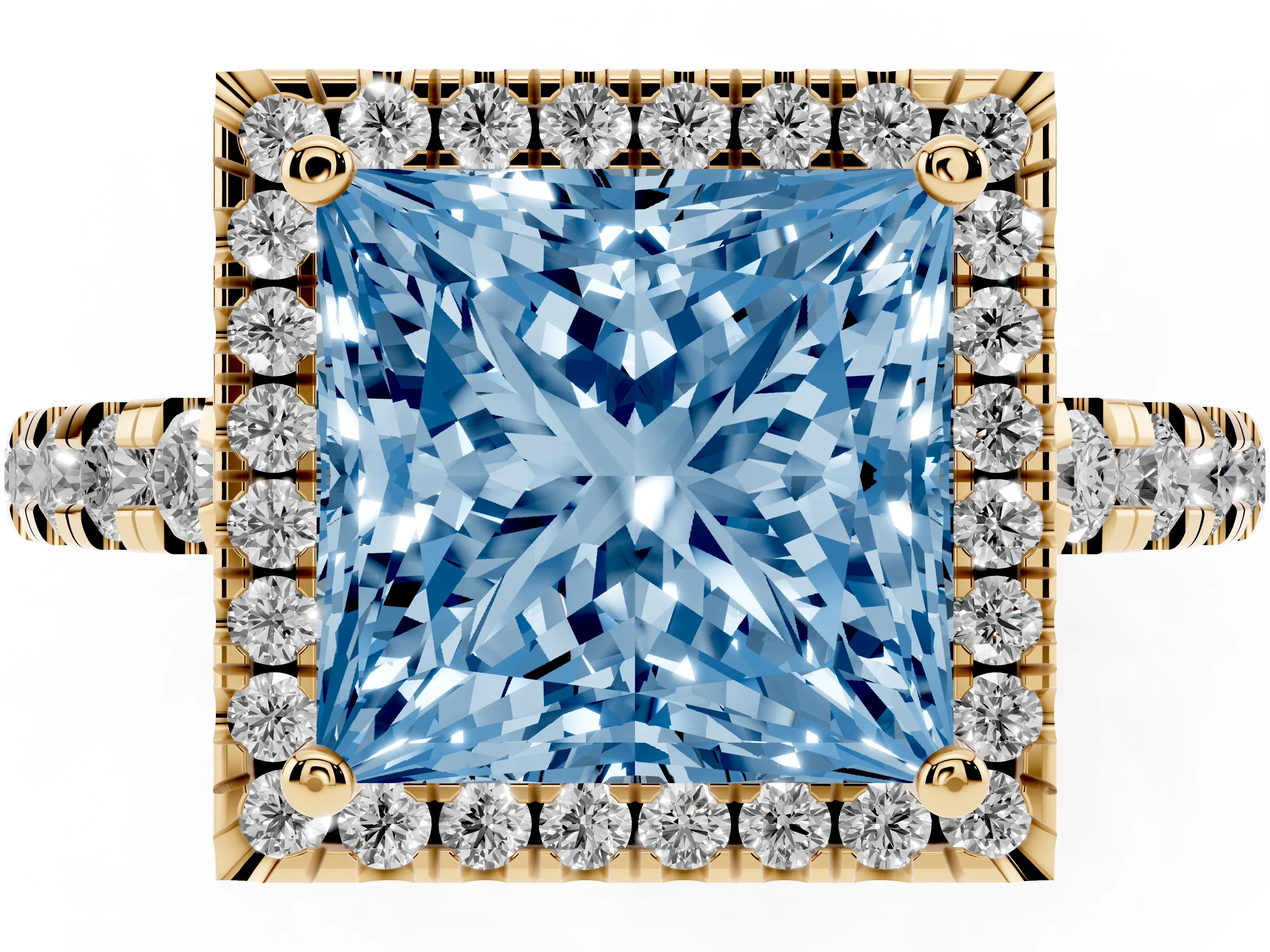 Fancy Blue Princess Cut Diamond Halo Ring Set in Yellow gold with Delicate Pavé Band and Prong Setting
