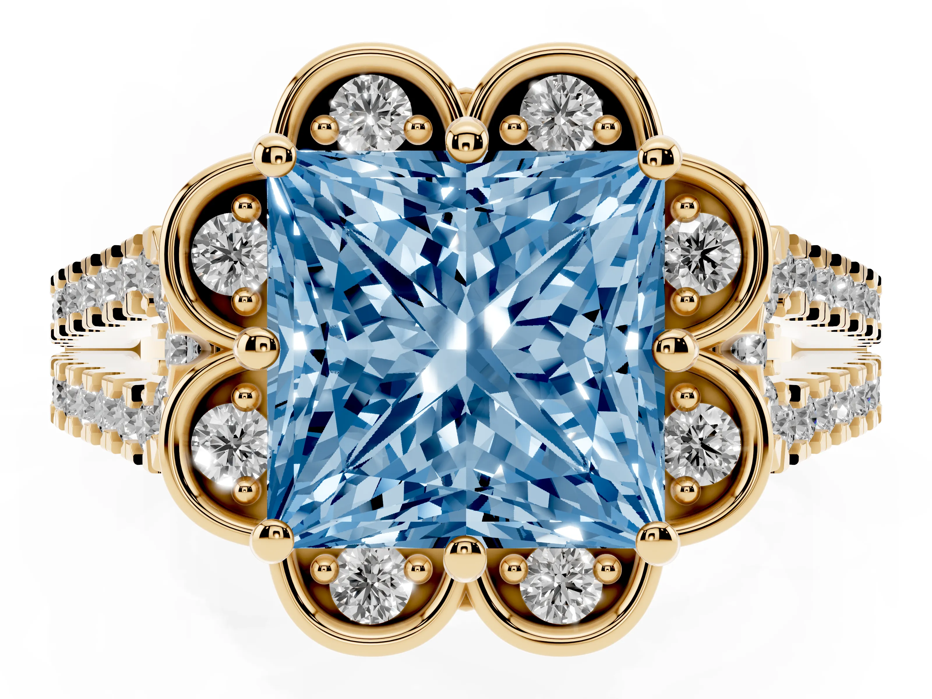 Fancy Blue Princess Cut Diamond Floral Halo Split Shank Engagement Ring Set in Yellow gold with Pavé Shank