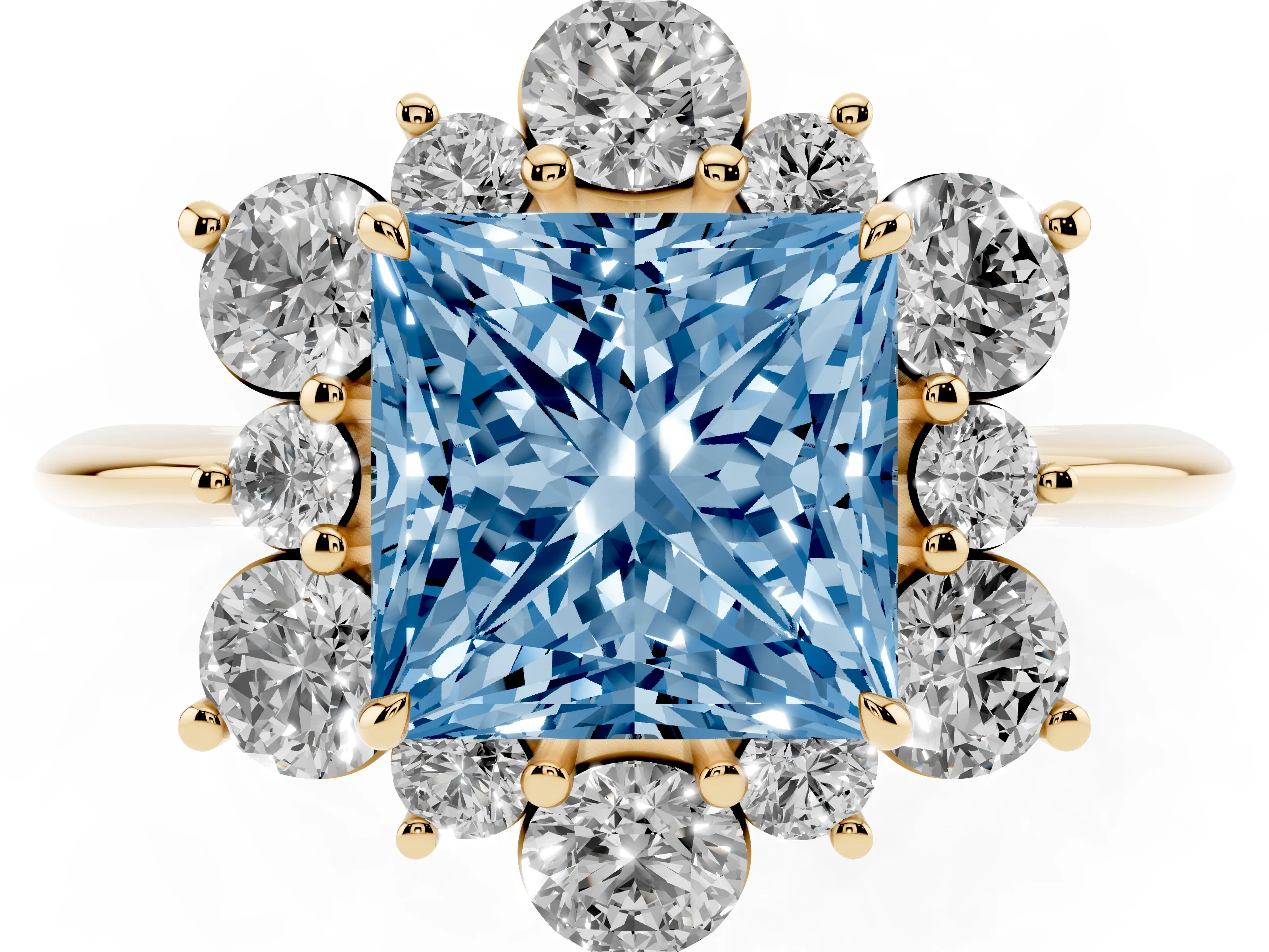 Fancy Blue Princess Cut Diamond Cluster Halo Ring Set in Yellow gold with Solitaire Band and Prong Setting