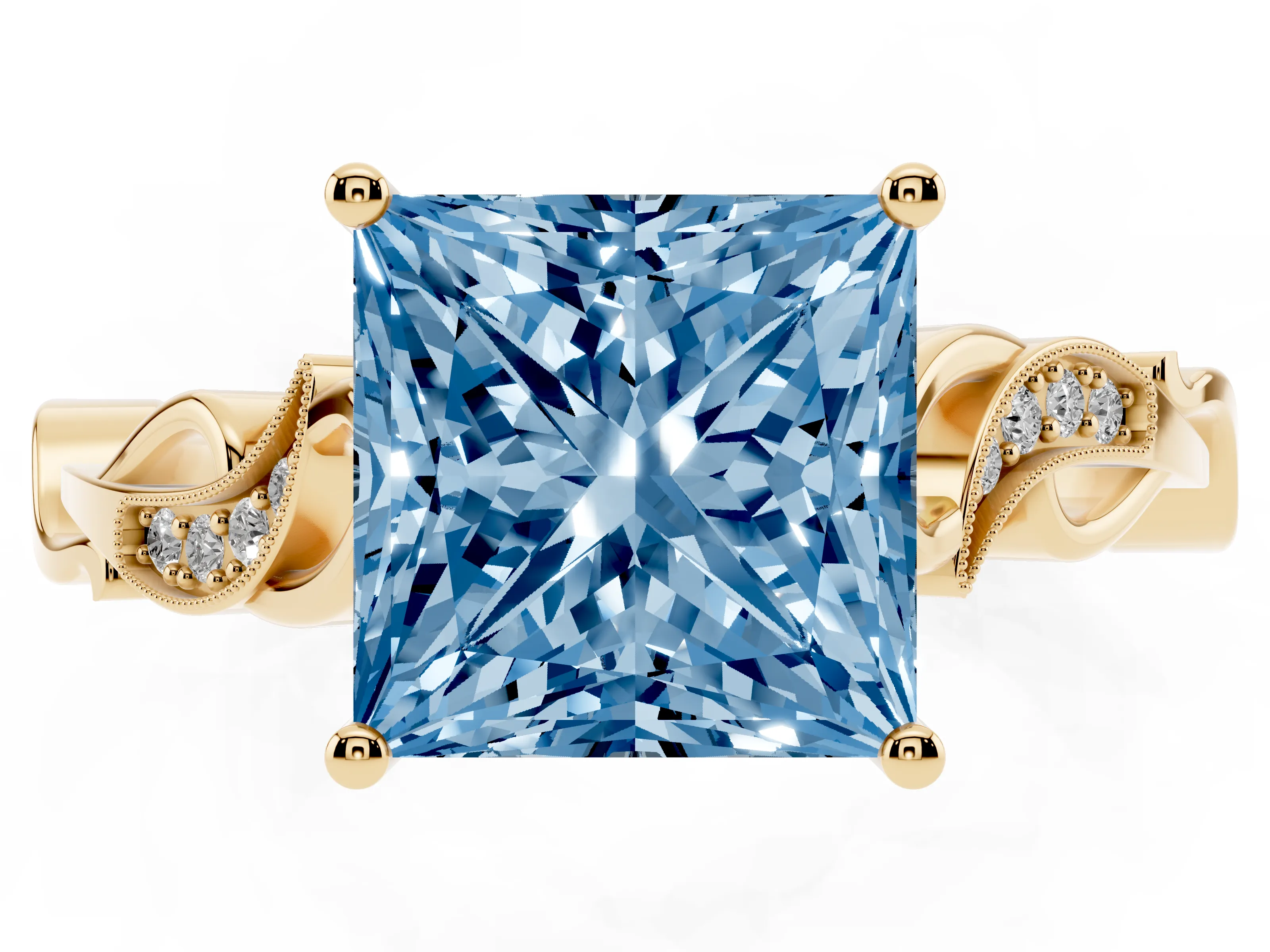 Fancy Blue Princess Cut Diamond Vine Band Solitaire Ring Set in Yellow gold with Milgrain Prong Setting