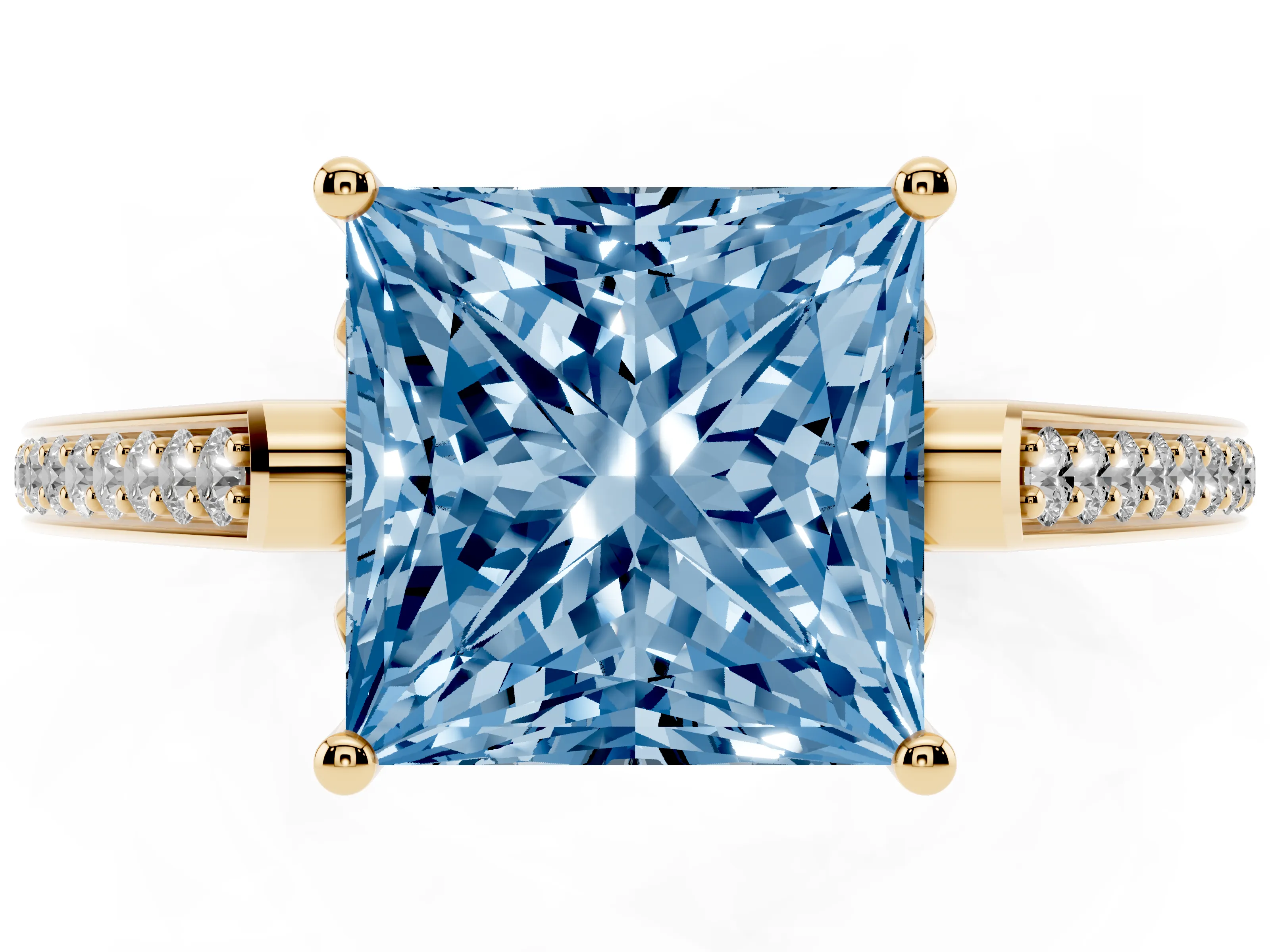 Fancy Blue Princess Cut Diamond Cathedral Pavé Engagement Ring Set in Yellow gold with Prong Setting