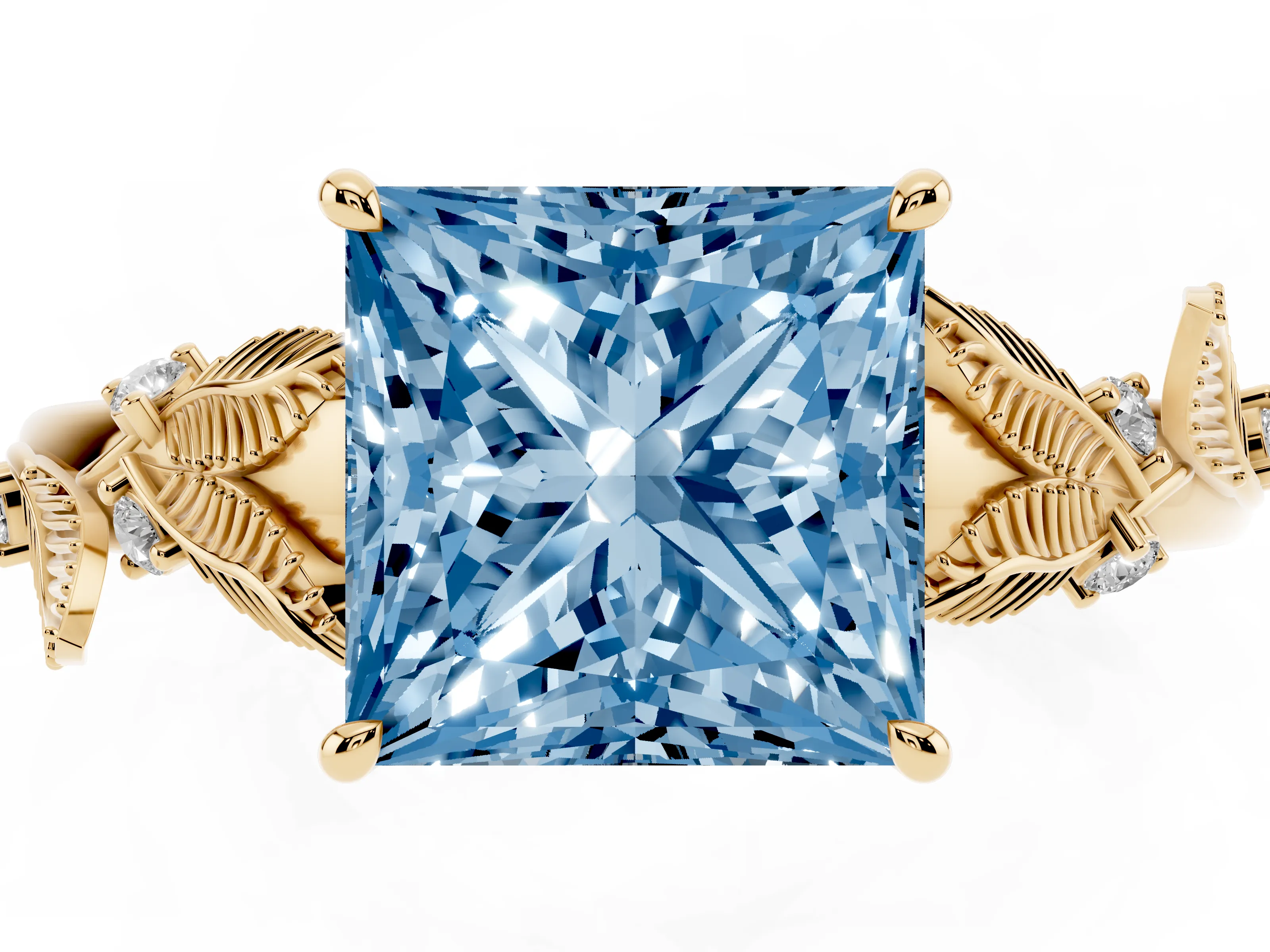 Fancy Blue Princess Cut Diamond Solitaire Ring Set in Yellow gold with Leaf Motif Band