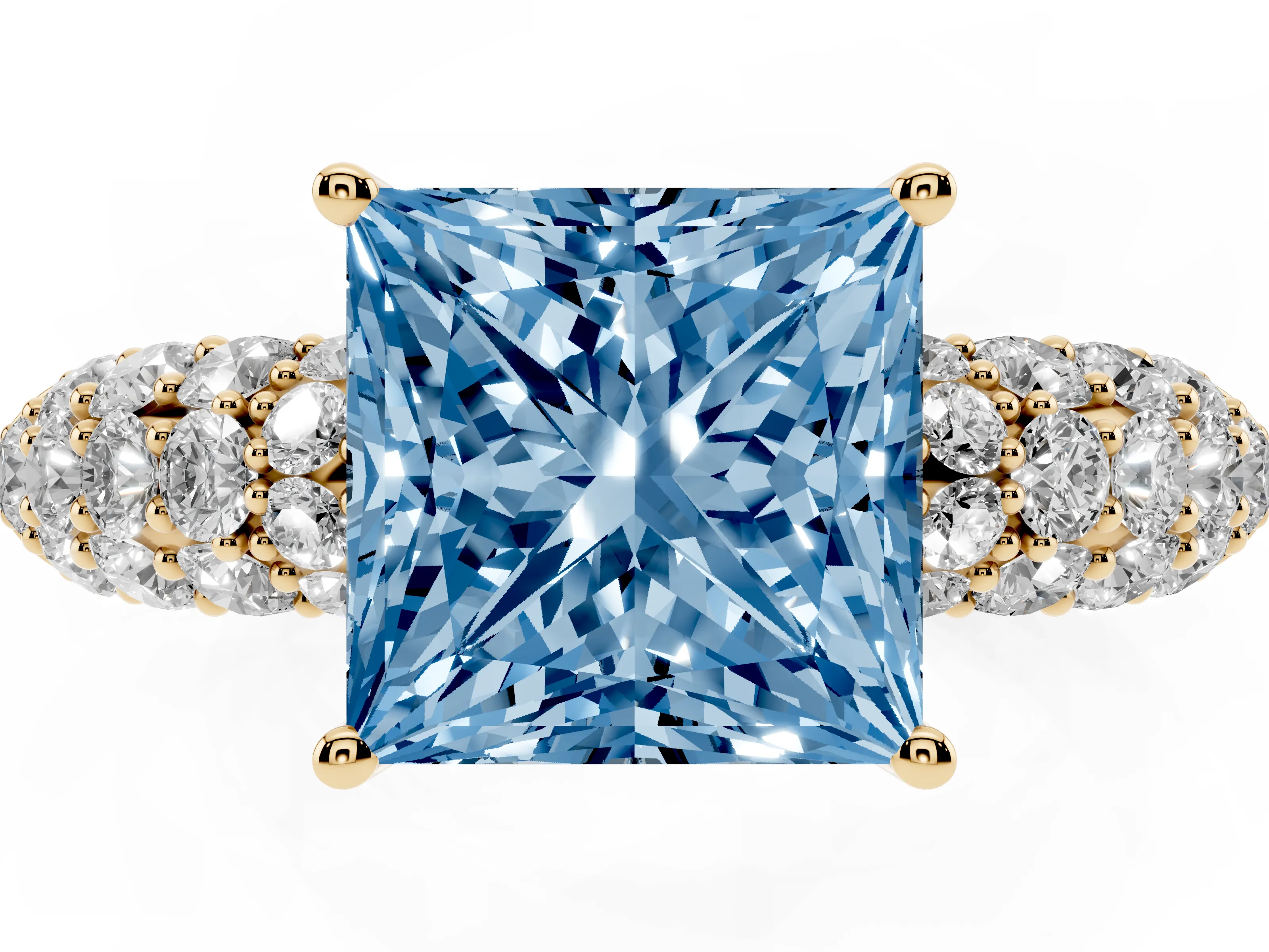 Fancy Blue Princess Cut Diamond Pavé Band Solitaire Ring Set in Yellow gold with Close-Set Accent Stones and Prong Setting