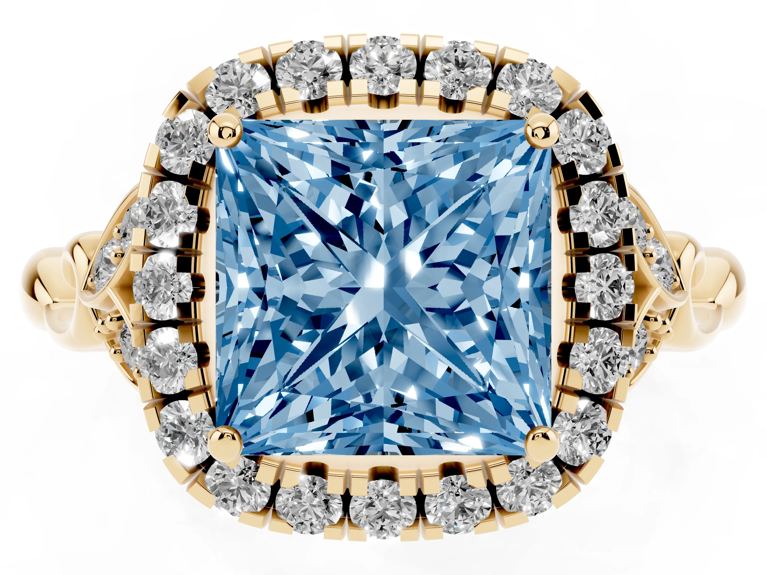 Fancy Blue Princess Cut Diamond Halo Engagement Ring Set in Yellow gold with Vintage-Inspired Band and Prong Setting