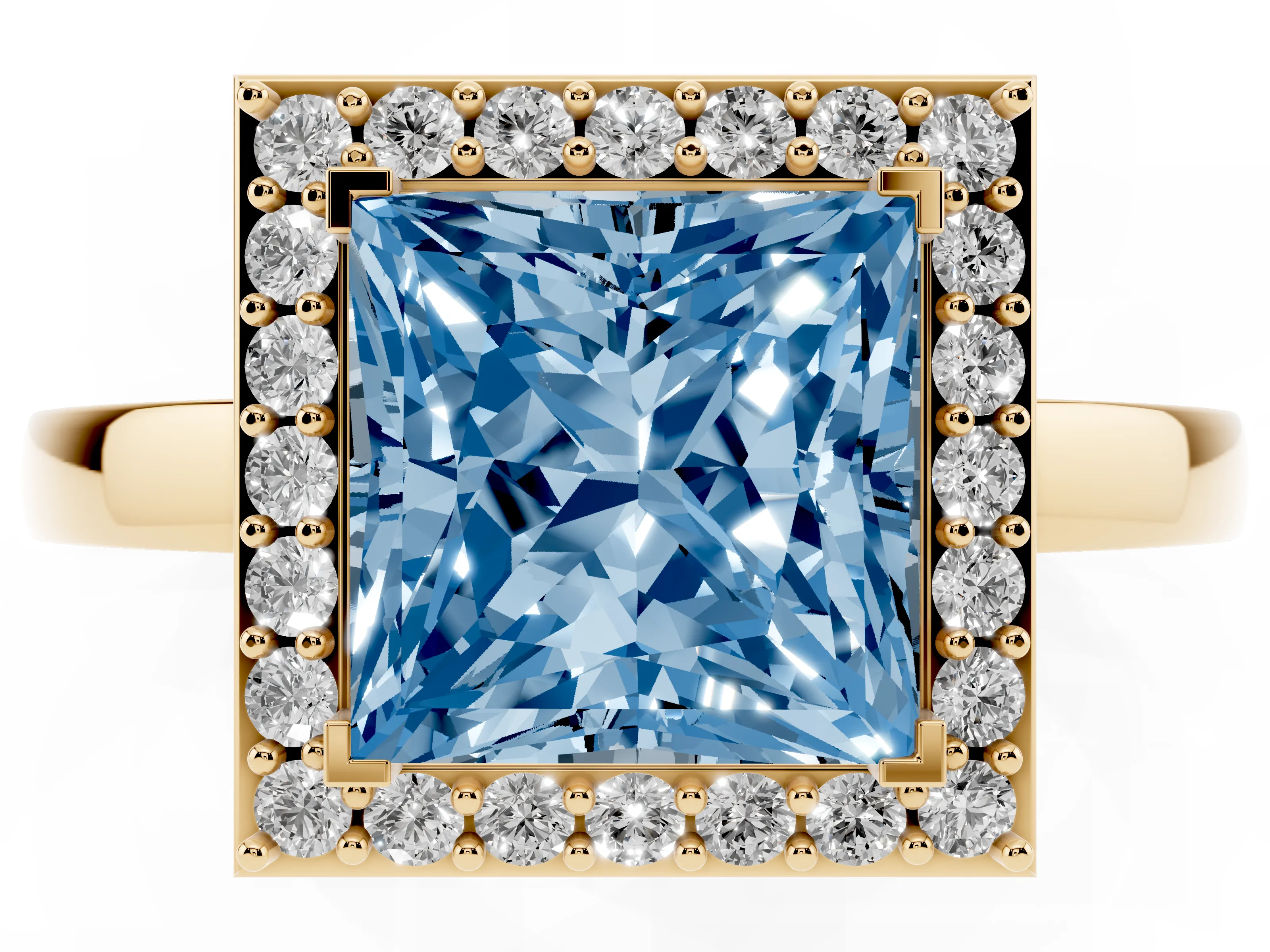 Fancy Blue Princess Cut Diamond Halo Ring Set in Yellow gold with Solitaire Band and Prong Setting