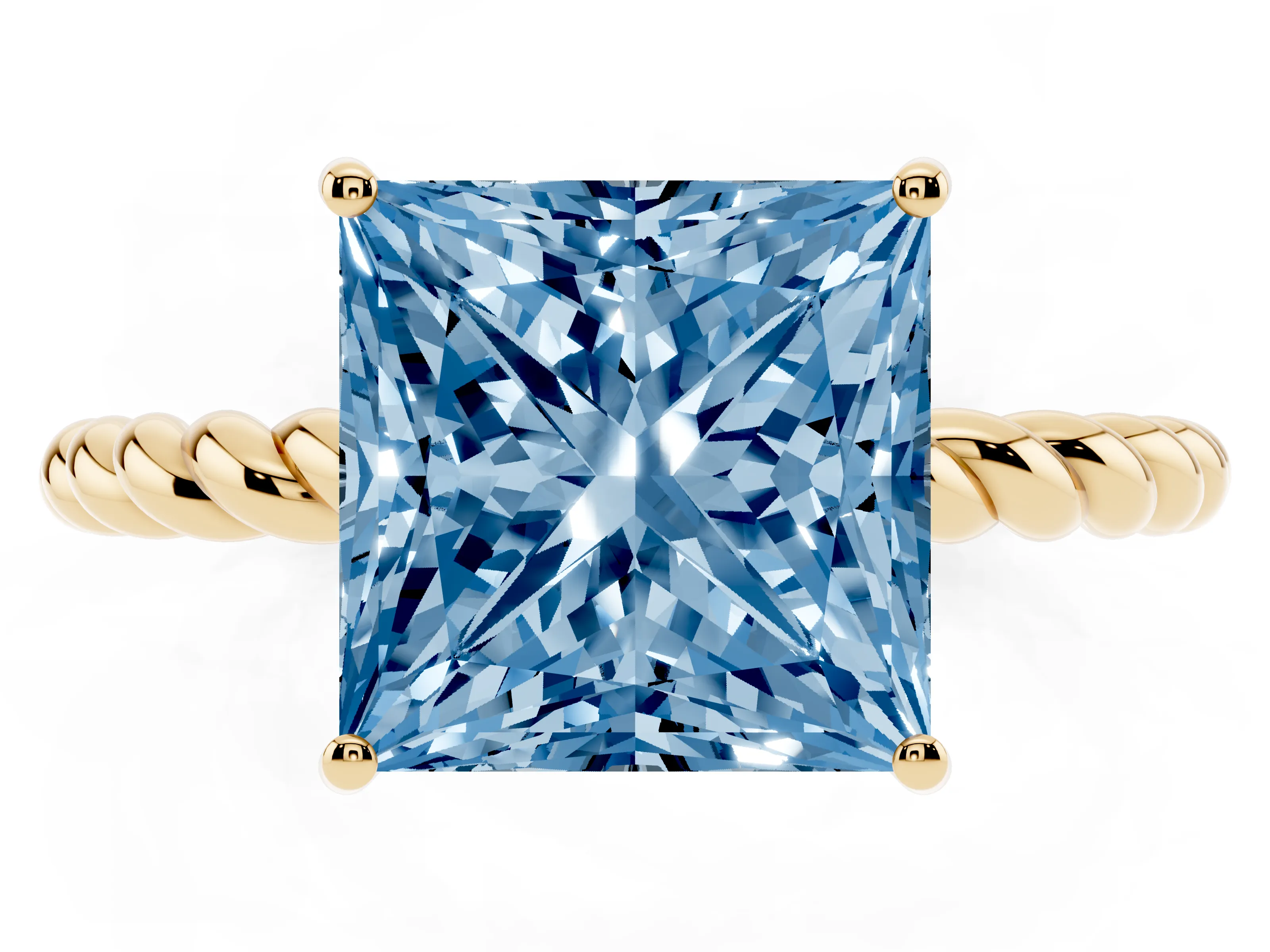 Fancy Blue Princess Cut Diamond Solitaire Ring Set in Yellow gold with Twist Band and Prong Setting