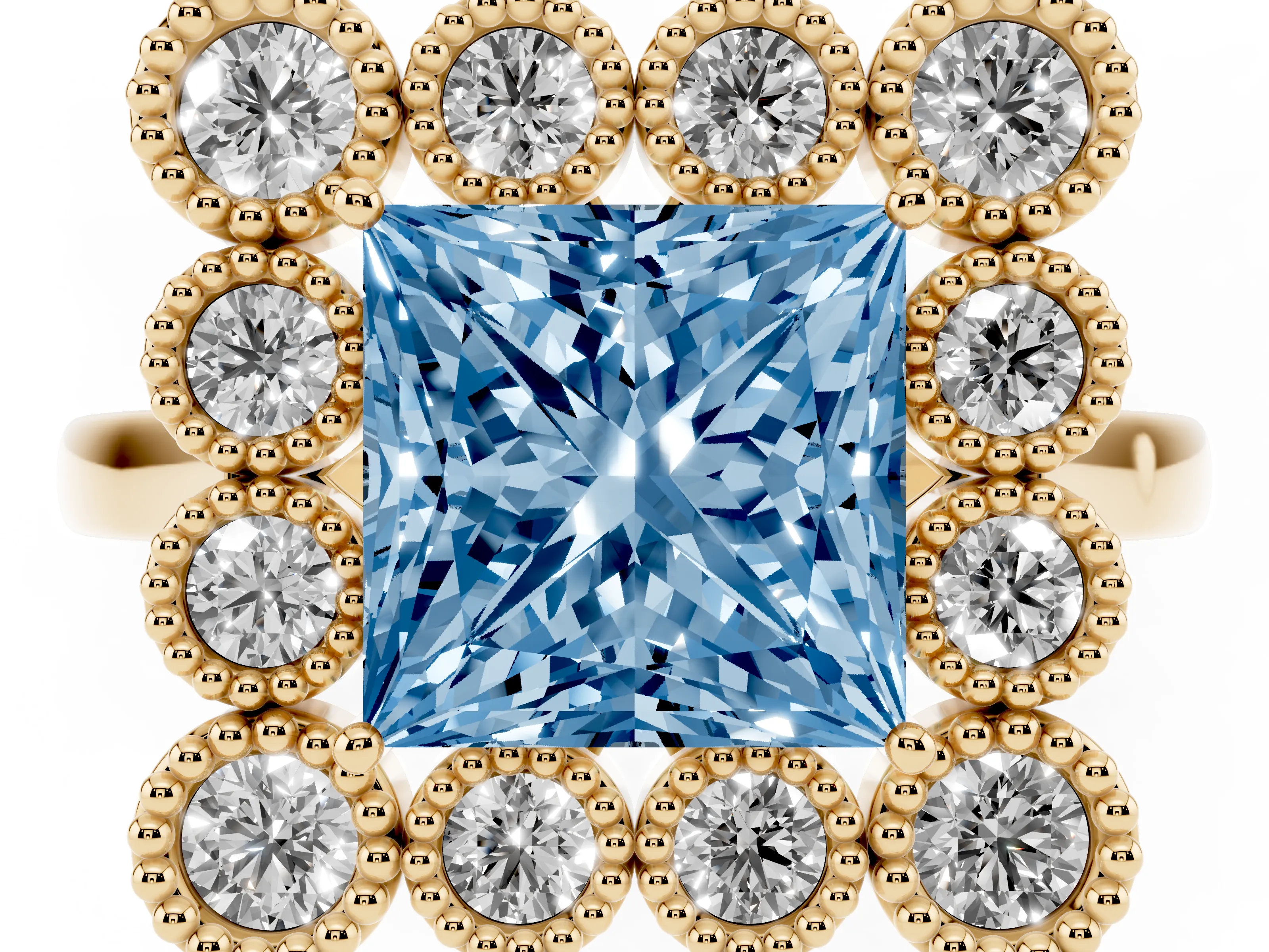 Fancy Blue Princess Cut Diamond Cluster Halo Ring Set in Yellow gold with Milgrain Bezel Accents and Plain Band